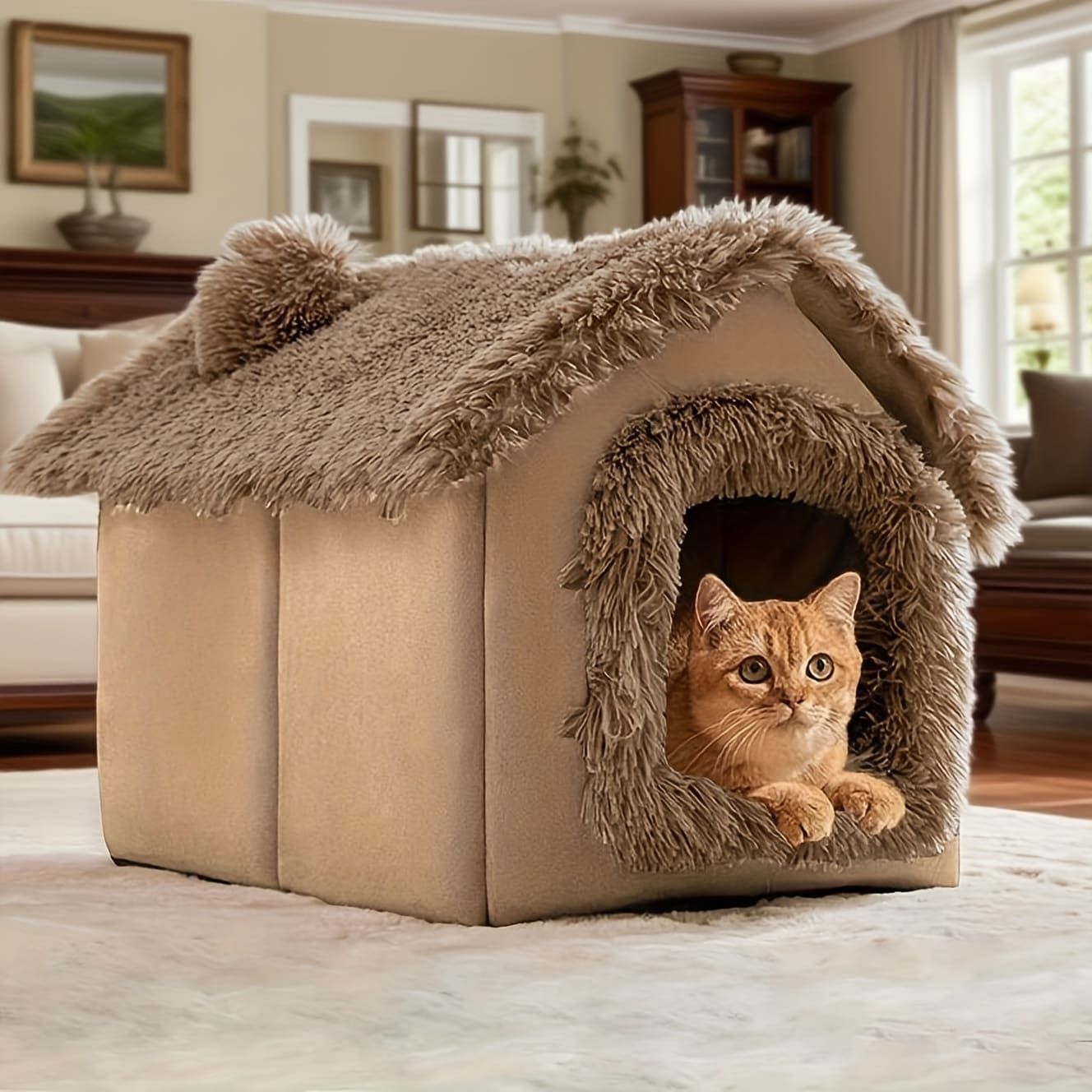 Plush Pet House with Detachable Cushion – Cozy, Warm, and Stylish Indoor Cat or Small Dog Bed – Soft Faux Fur Hideaway with Doorway – Perfect for Year-Round — image 6