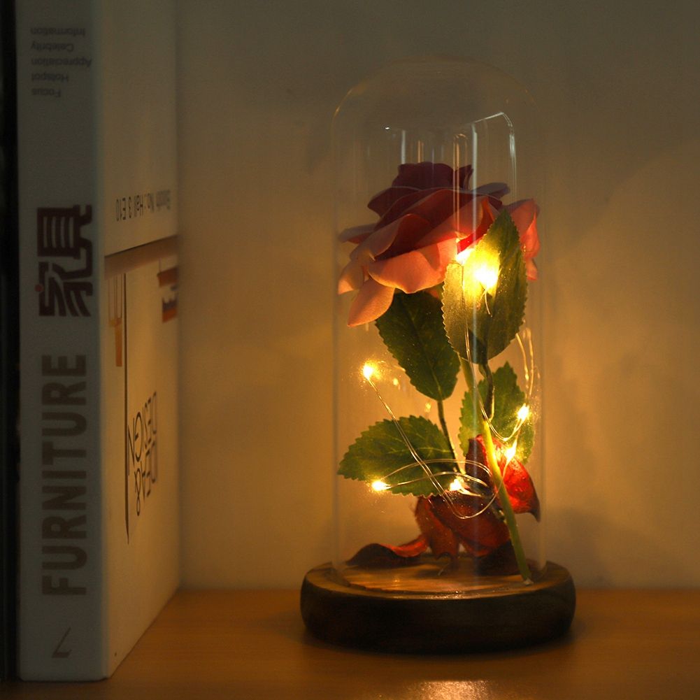 Preserved Rose Flower LED Light with Glass Cover Wooden Base Valentines'Day Wedding Gift Pink โ image 3