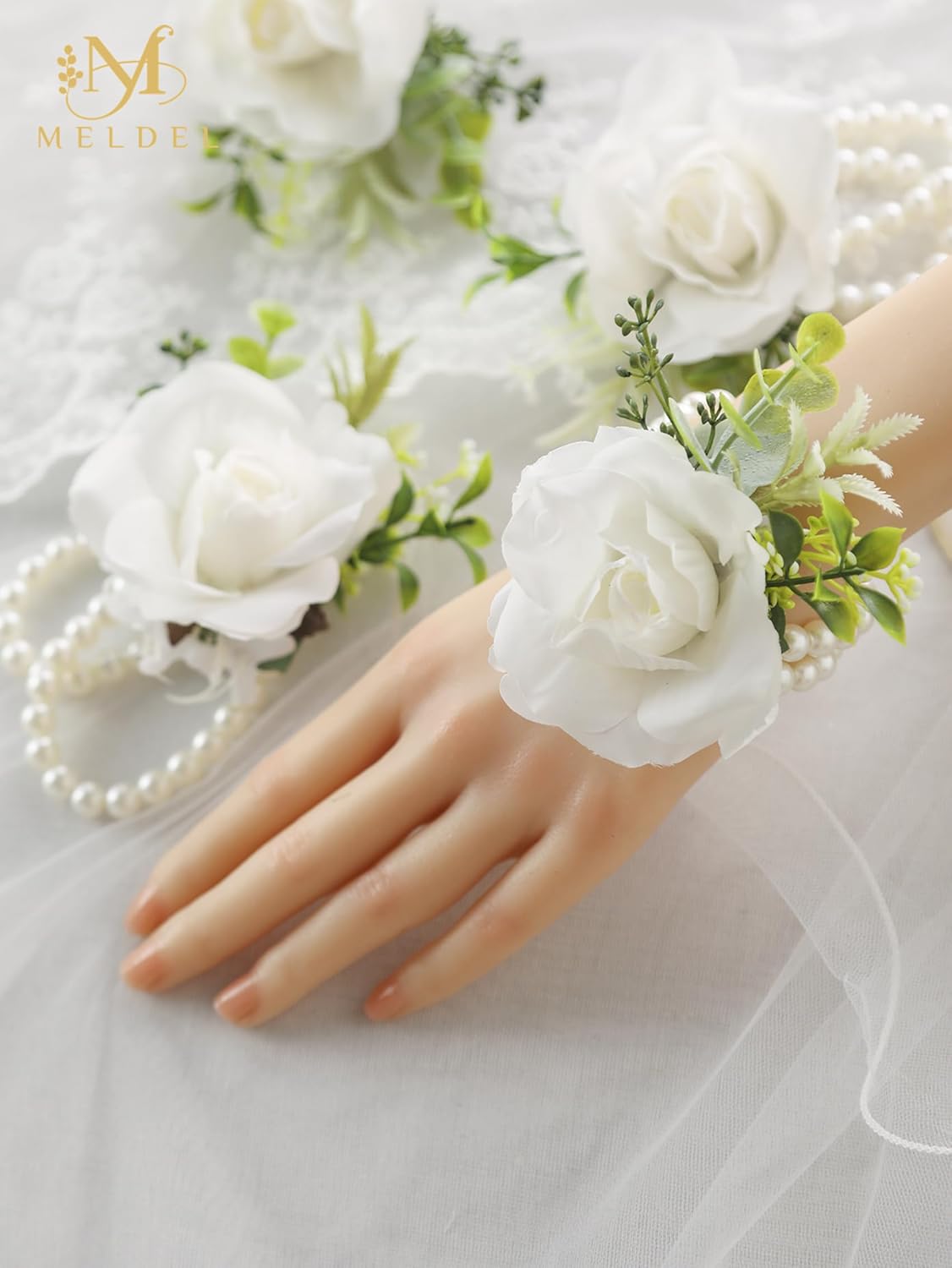White Ivory Rose Wrist Corsage, Set of 6, Wedding Bridal Flower Corsage Hand Decor for Prom Party Homecoming, Wristband Flowers Bride, Bridesmaid, Girl — image 3