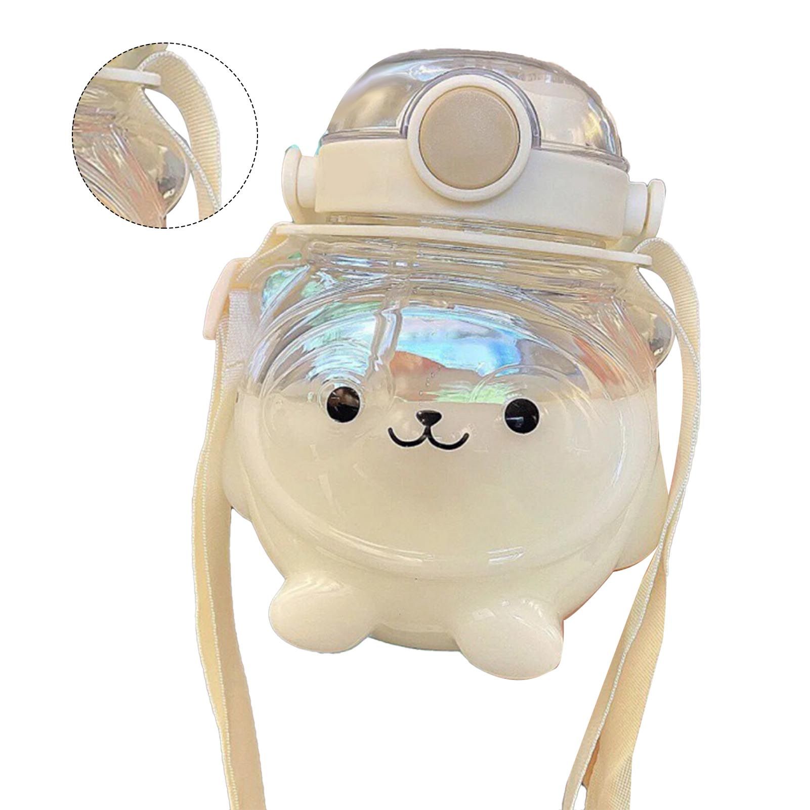 Large Water Bottle 1000ml Cartoon Bear Shape Portable Drinking Bottle with Straw Strap for Summer White — image 3