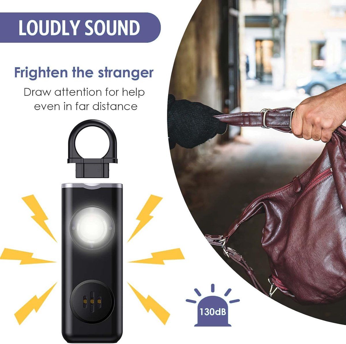 Personal Self-Defense Alarm, Self-Defense Alarm for Women, Rechargeable Alarm Keychain, Emergency Alarm, with LED Strobe, 130 dB, Black — image 4