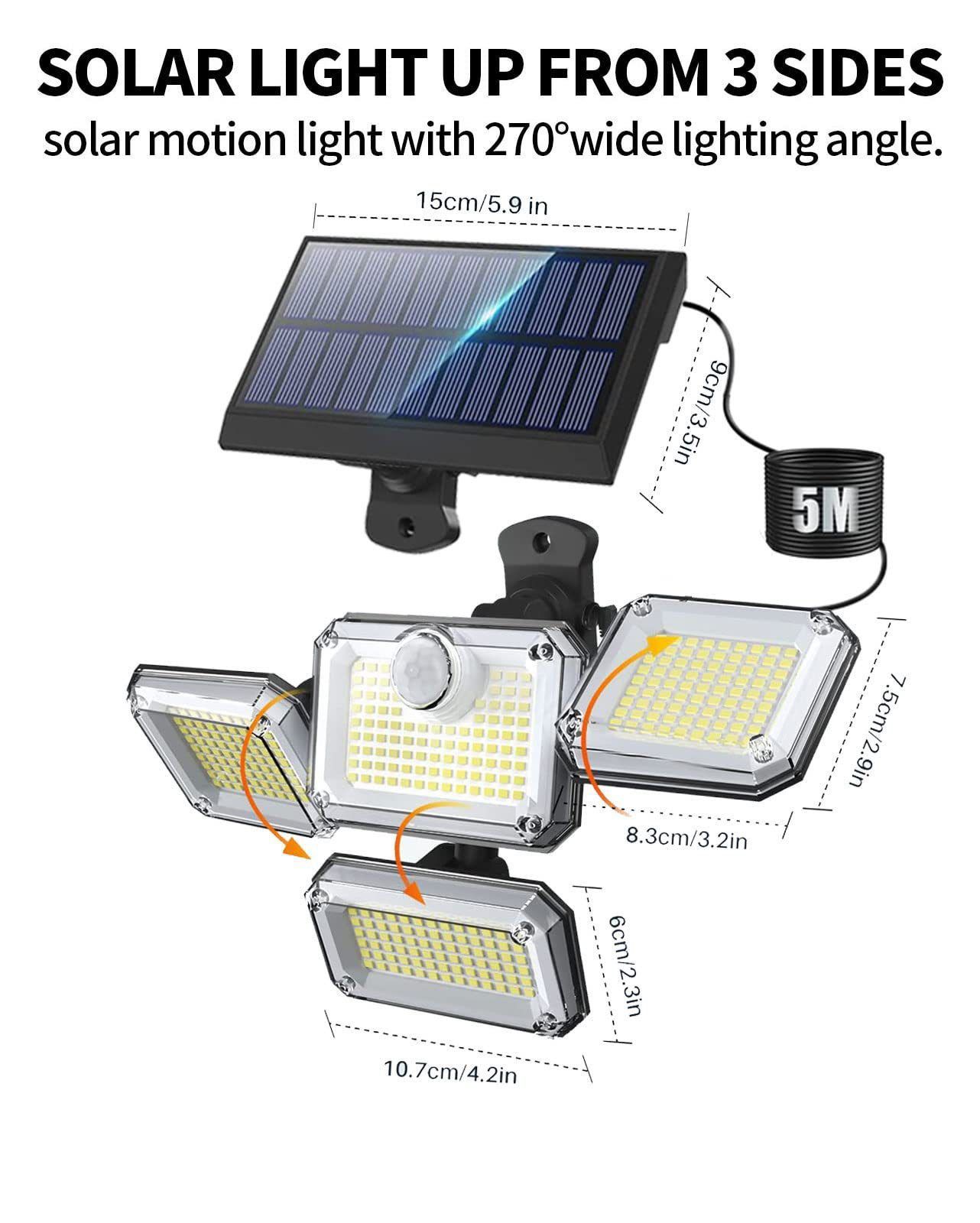 Brighten your outdoors with this four-head solar motion sensor wall light, featuring 333 super-bright LEDs, adjustable panels, and a separate solar — image 2
