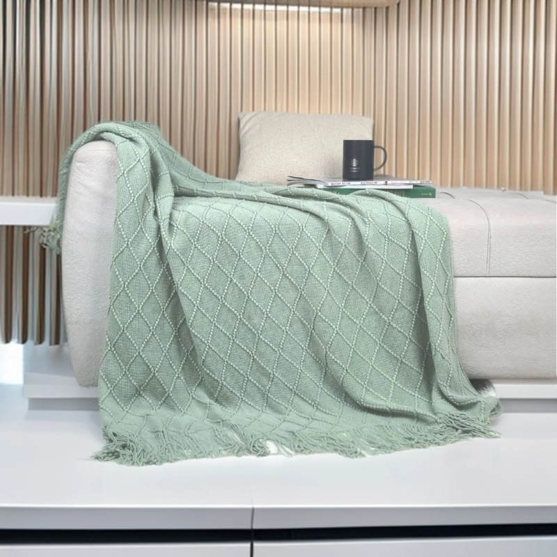 Mint green Nordic Minimalist Knit Throw Blanket โ 127ร180cm Lightweight, Soft & Breathable Fleece-like Fabric with Tassel Edges for Sofa, Bed, Yoga & Air