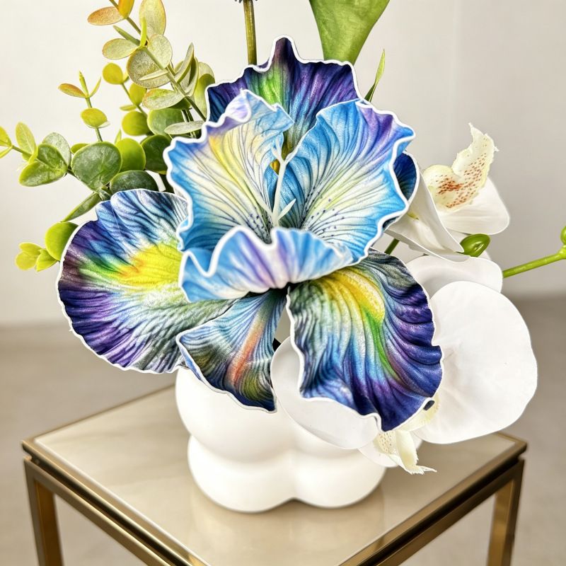 Simulated iris potted plant, floral artistry vibrant and colorful, pumpkin planter round and versatile, no maintenance ready to display upon opening, brightens โ image 4
