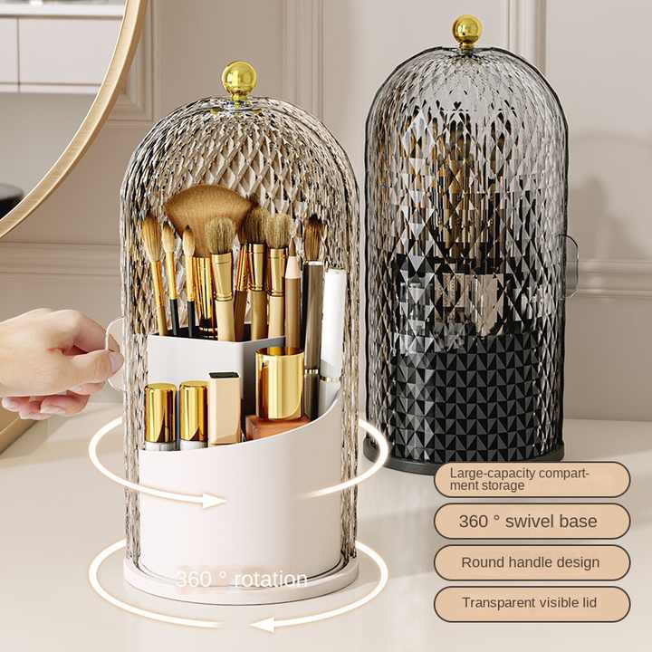 White Elegant 360 Rotating Makeup Brush Holder & Cosmetic Organizer with Dustproof Dome Lid(Makeup is a prop for shooting and is not included) — image 3