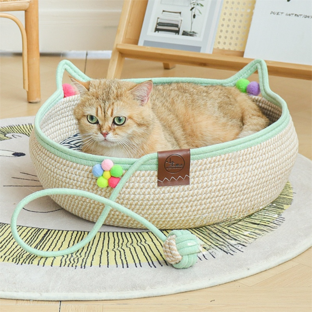 L Size Handwoven Natural Rattan Cat Bed and Scratcher - Washable Low-Mess Round Nest with White Removable Cushion, Pillow, Cooling Mat and Toy Ball โ image 5
