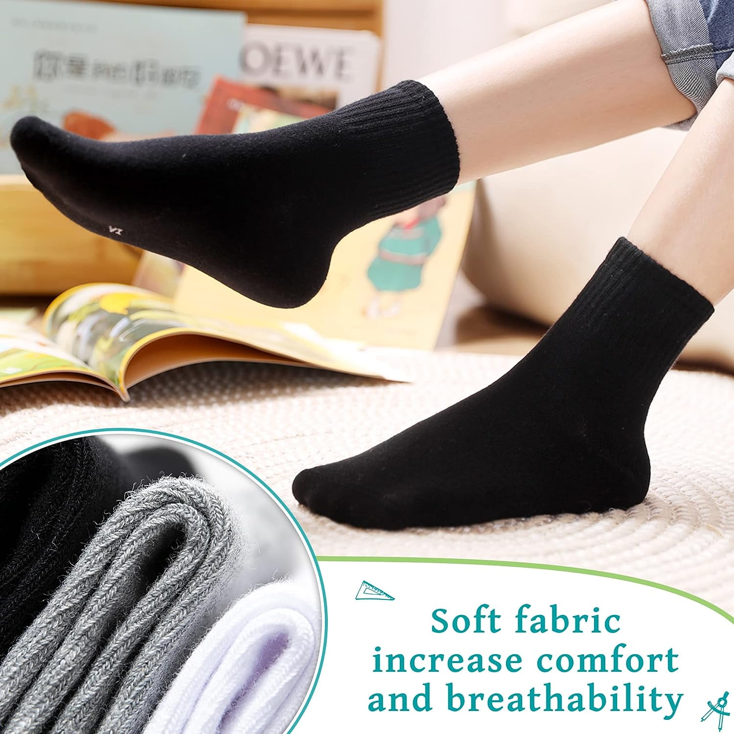 Kids Athletic Crew Socks Boys Girls Cotton School Uniform Casual Basic Socks 6 Pairs 9 - 12 Years Black — image 3