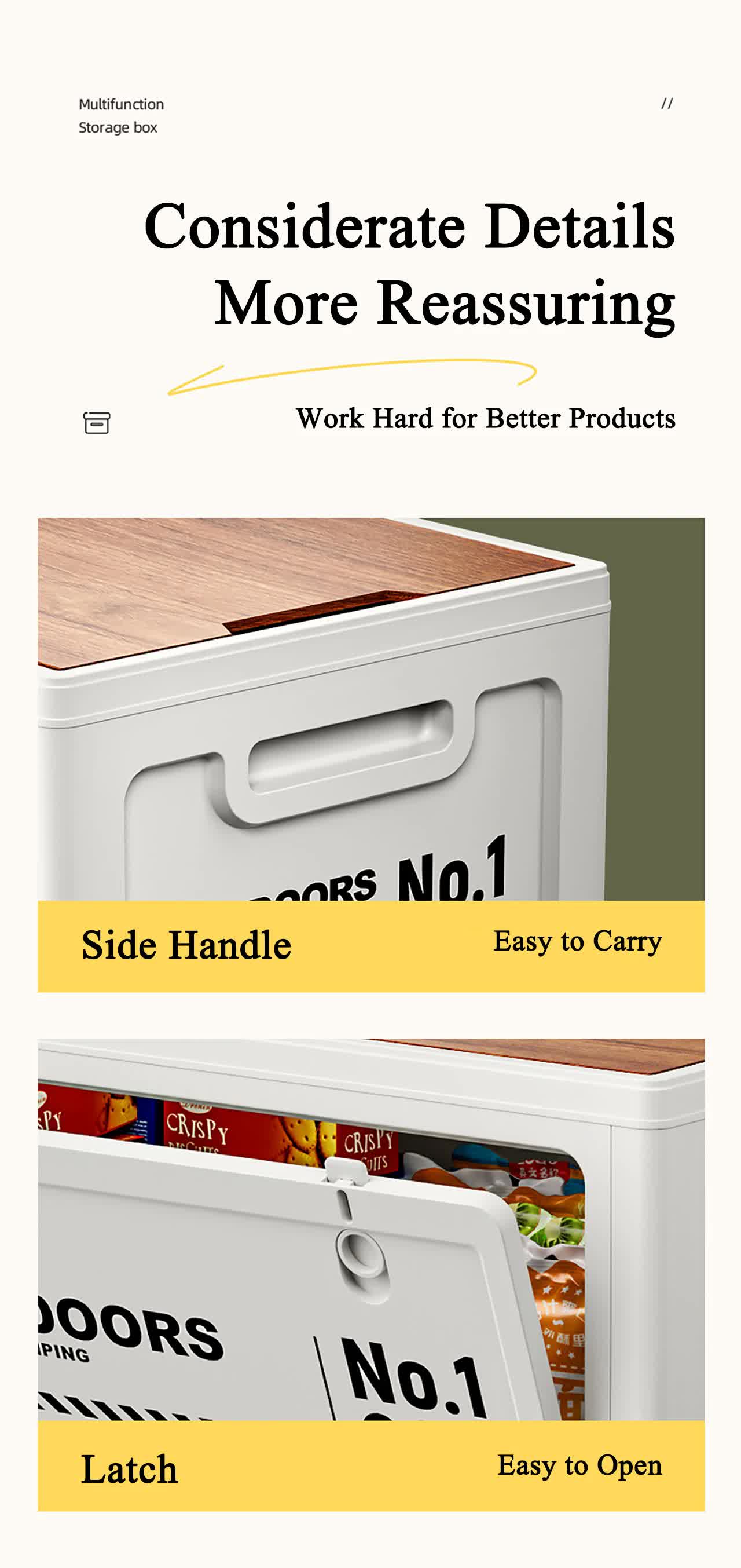 40cm Brown Multifunctional Foldable Storage Box with Wooden Lid - Collapsible Outdoor Camping Crate, Stackable Home Organizer with Side-Opening Doors for Car โ image 6