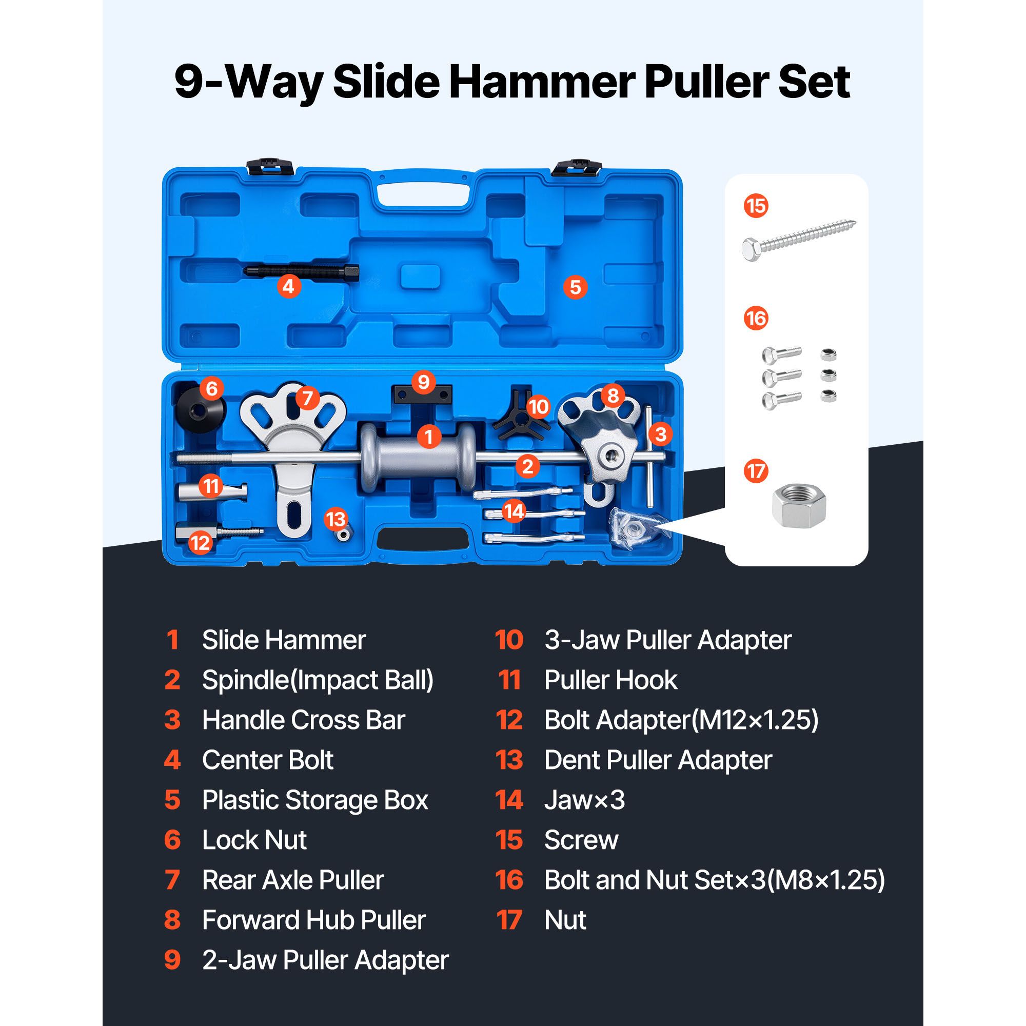 9-Way Slide Hammer Puller Set, 15PCS Front Wheel Hub Bearing Remover & Rear Wheel Axle Hub Dent Shaft Puller Tool Kit, Axle Bearing Puller Tool Kit and Slide — image 2