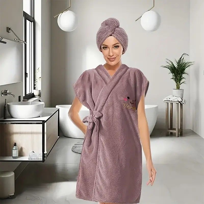 Women's Coral Fleece Pineapple Grid Two-Piece Set | Cloud-Like Touch Adjustable Bath Robe + Hair Towel, Adjustable Tie Belt, Suitable for Daily Home Use(Red