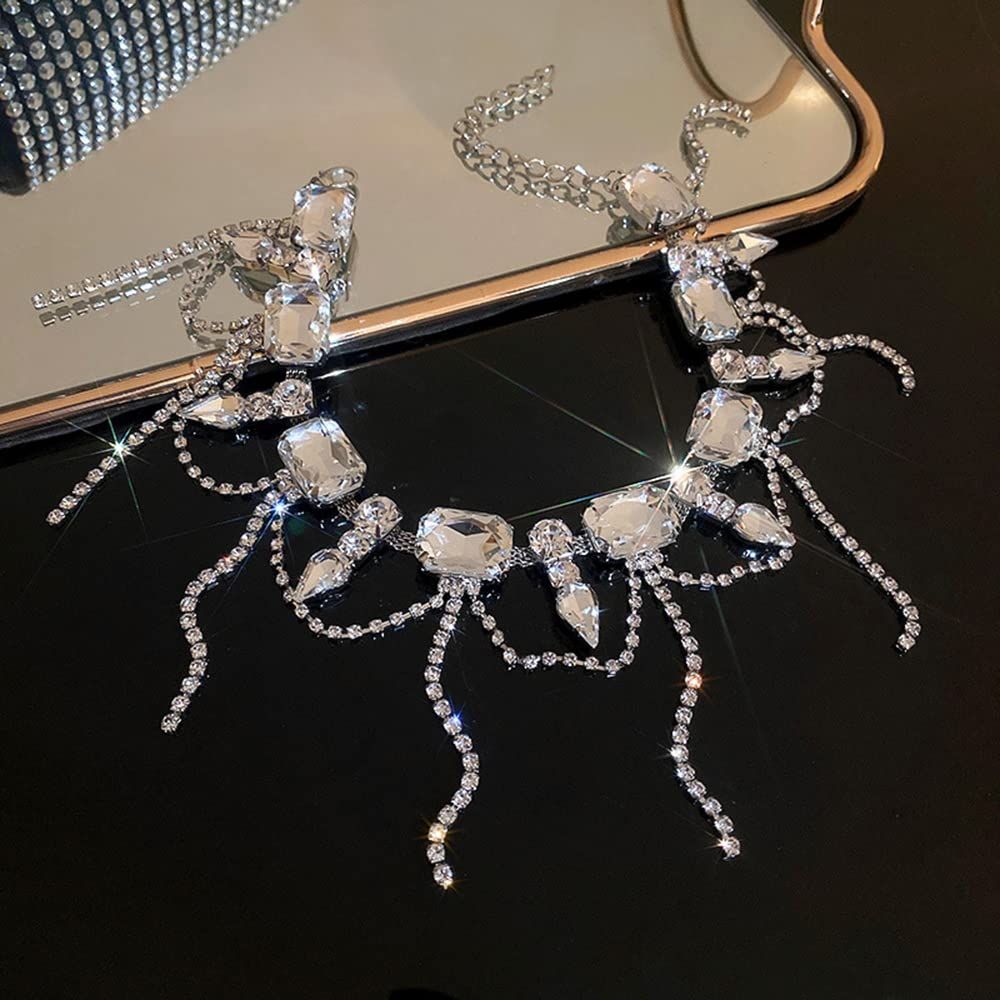 Necklace for Women Full Rhinestone Tassel Necklace Boho Bridal Necklaces for Wedding Prom Party Silver Layered Chain Necklaces — image 5