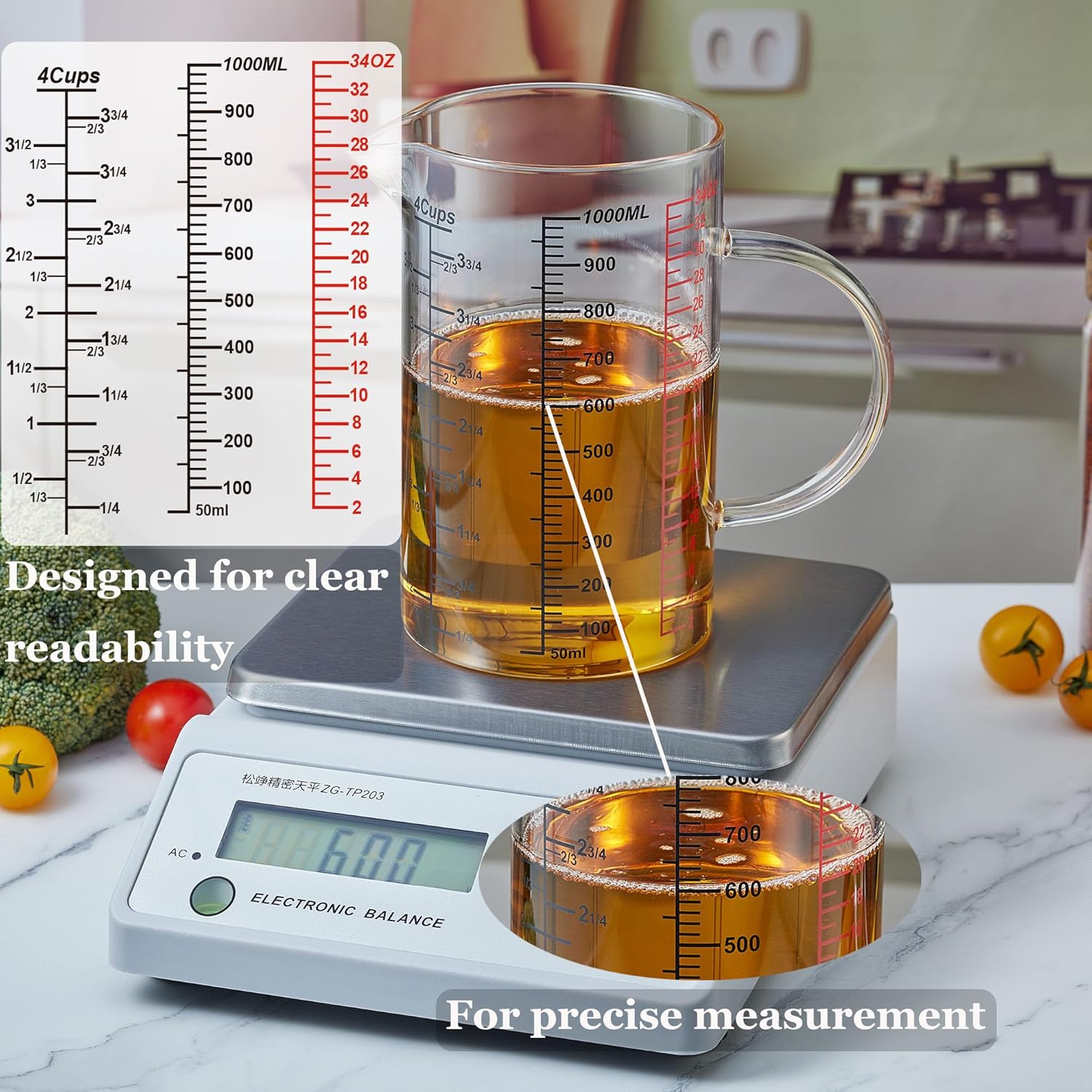 Glass Measuring Cup-[Insulated handle | V-Shaped Spout]-Made of High Borosilicate Glass Measuring Cup for Kitchen or Restaurant, Easy to Read, 1000 ML (32 Oz — image 3