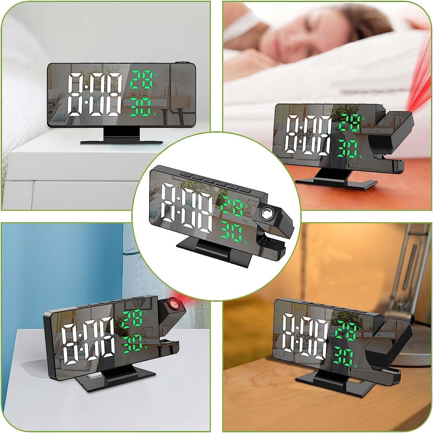 Digital Projection Alarm Clock with Temperature and Humidity Display, white LED Display，The Projection That can be Turned — image 3