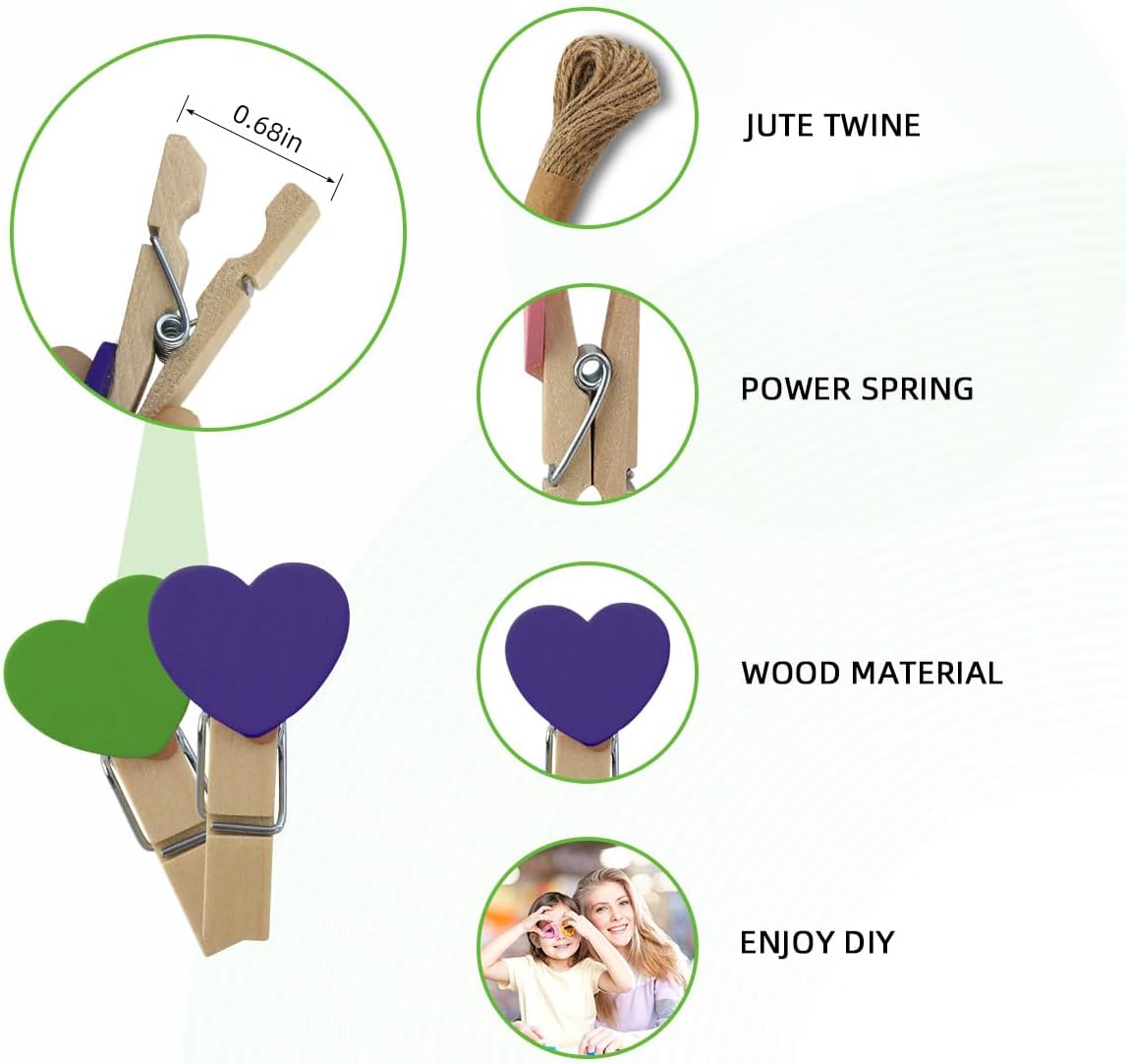 80 Pieces Wooden Heart Clothespins Mini Photo Clips Colorful Small Clothes Pins for Crafts Picture Paper Hanging Natural with Jute Twine Wedding Party Photos — image 3