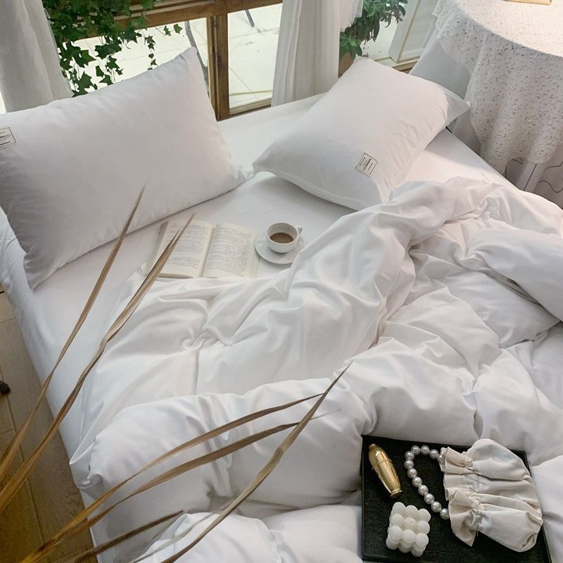 Hotel Style Quilt Cover 4 Piece Bedding Set White satin strip for economy homestay hotel 2.0x 2.2 m [all-inclusive bed hat]] — image 3