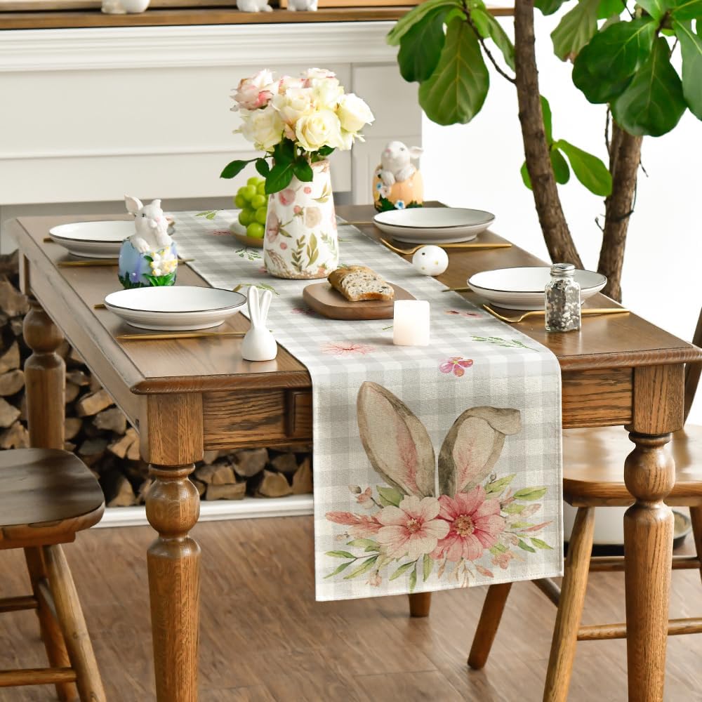 Buffalo Plaid Bunny Rabbit Ears Flower Easter Table Runner, Spring Summer Seasonal Holiday Kitchen Dining Table Decoration for Indoor Outdoor Home Party Decor โ image 3