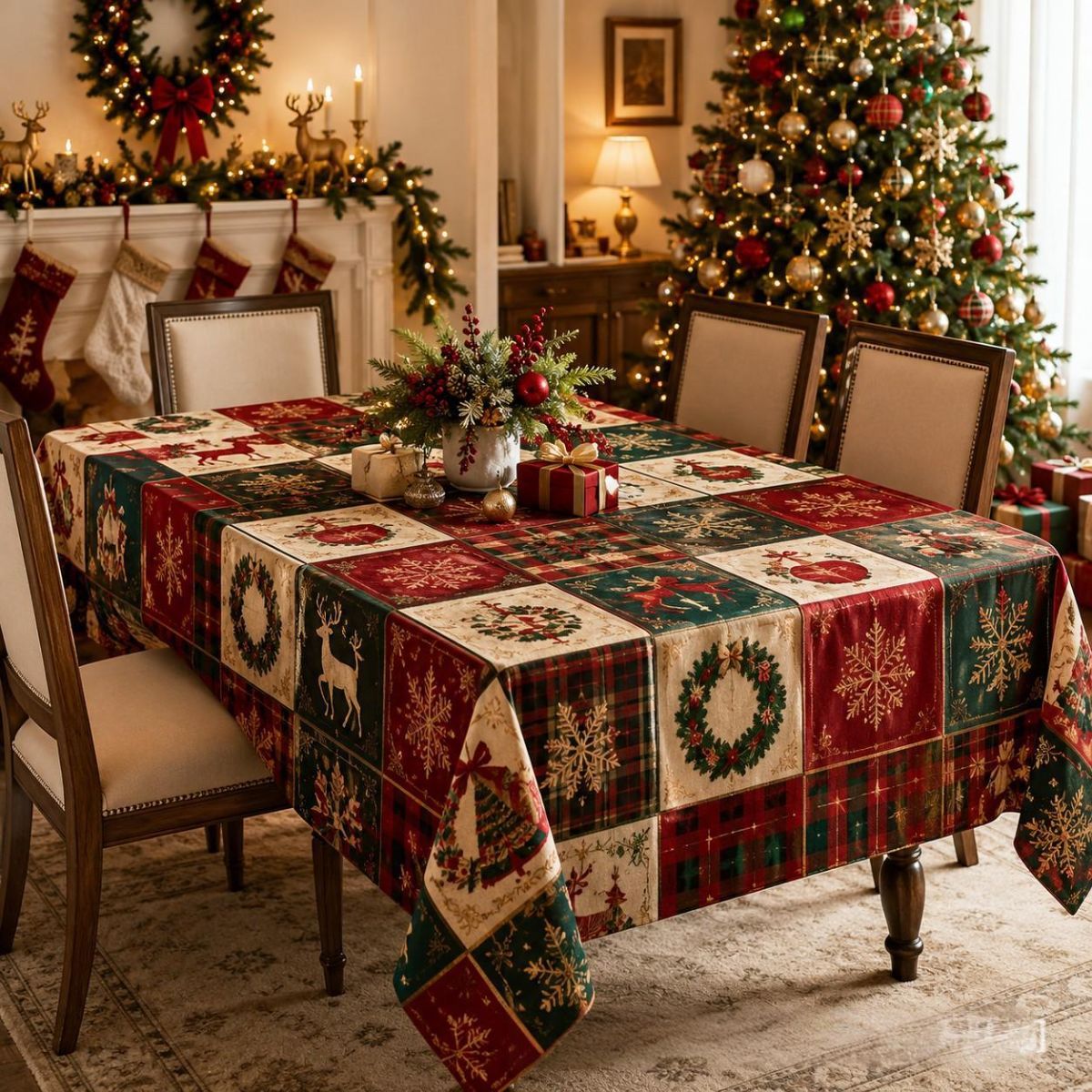 Christmas Patchwork Snowman Rectangle Table Cloth Polyester holiday Xmas Winter tablecloth Machine Washable Table Cover Stain Wrinkle Resistant Dining Party Kitchen Decor - D - Size 100x150cm