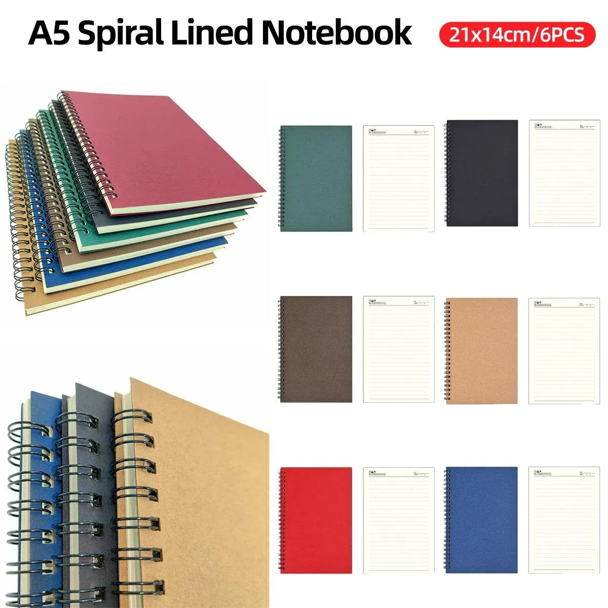 6pcs A5 Spiral Notebook Homework Exercise Book Durable Notepad for School Office