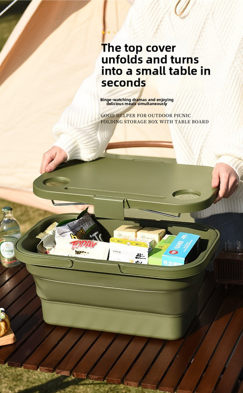 Collapsible Picnic Basket with Mini Table Lid Portable Folding Storage Crate with Cup Holders and Phone Stand Multi-Functional Outdoor Camping Sink Basin Khaki โ image 4