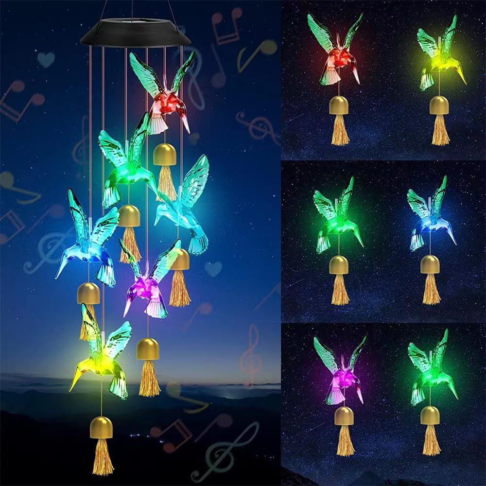 Solar Hummingbird Decorative Wind Chime Light with Bell, A Gift for Friends with Movable LED Colorful Outdoor Decorative Lights — image 4
