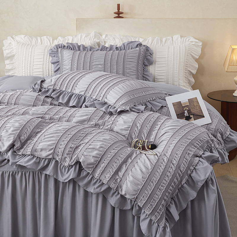 Black Elegant Ruffle Seersucker Duvet Cover with 2PCS Pillow Shams - 3-Piece Vertical Stripe Clipped Floral Textured Bedding (King Size 264 x 229 CM) โ image 3