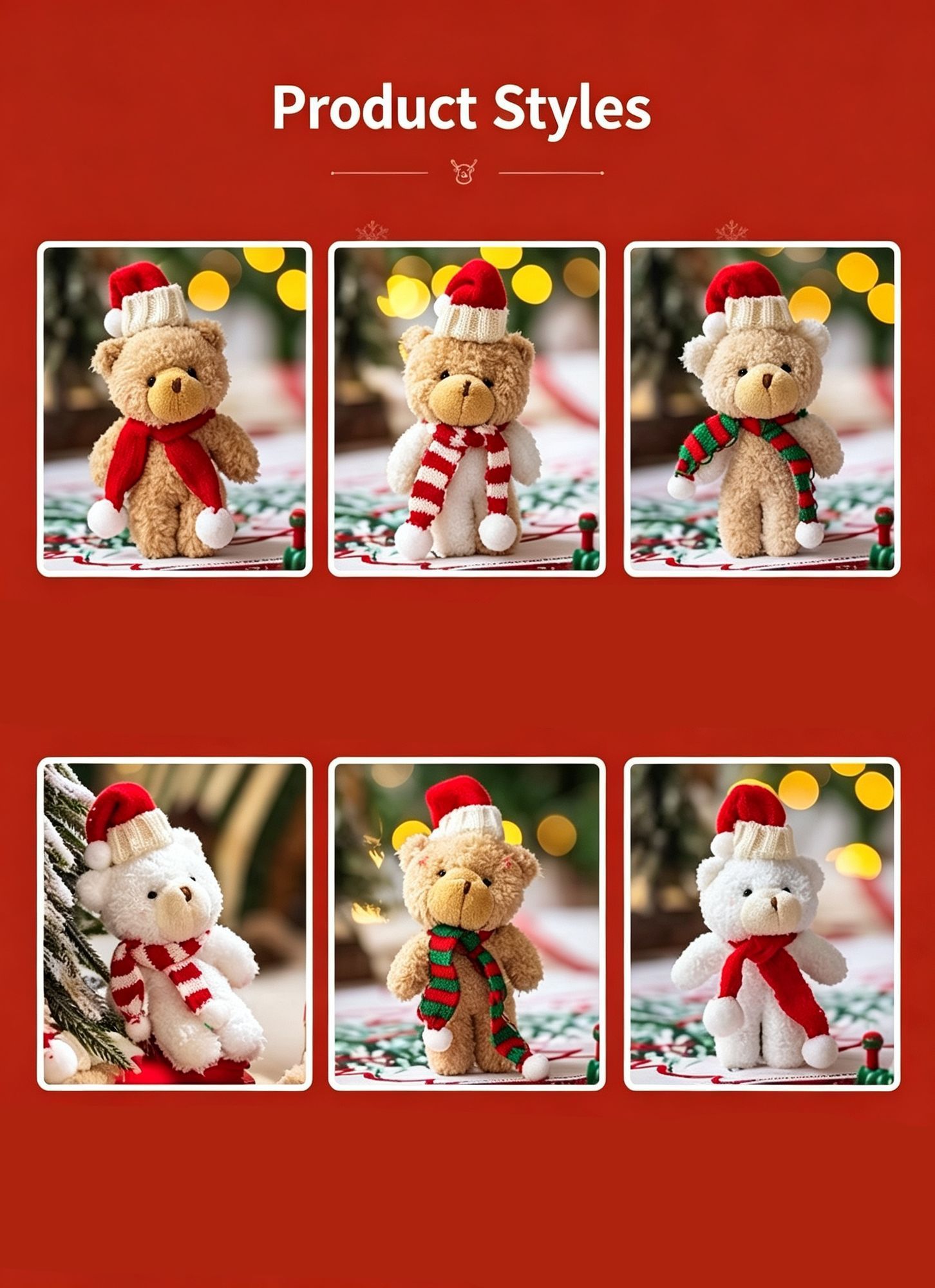 Brown Curly Christmas Bear with LOVE Red Dome Hat and Red & Green Scarf, Festive Desktop Ornament for Indoor Holiday Layout and Custom Festival Gifts ā image 2