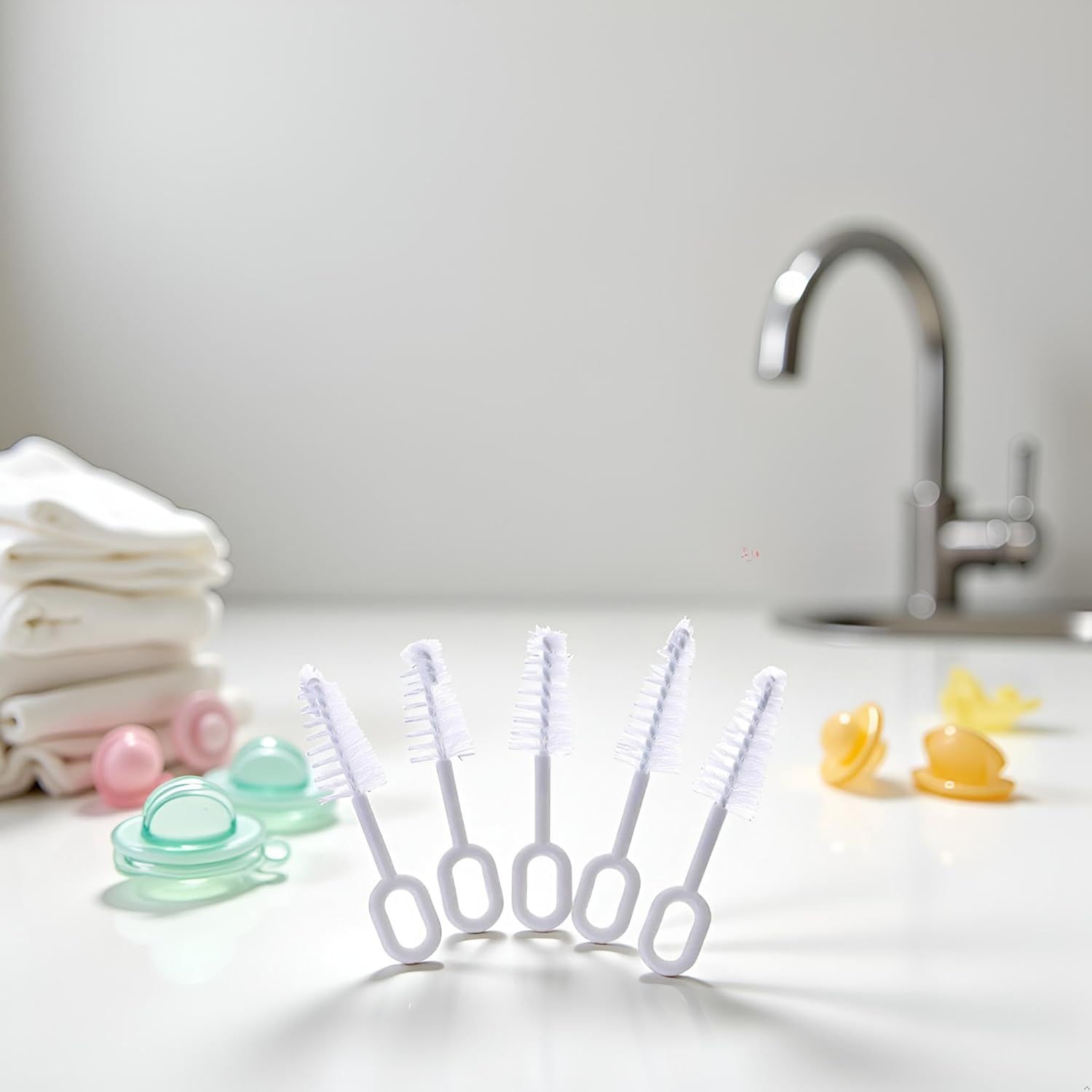 5 Pcs White Pacifier Cleaning Set,Nipple Cleaner Nipples Brush Cleaning Tools Professional Bristle High Density Pacifier Soother Accessories,Bottle-Feeding โ image 2