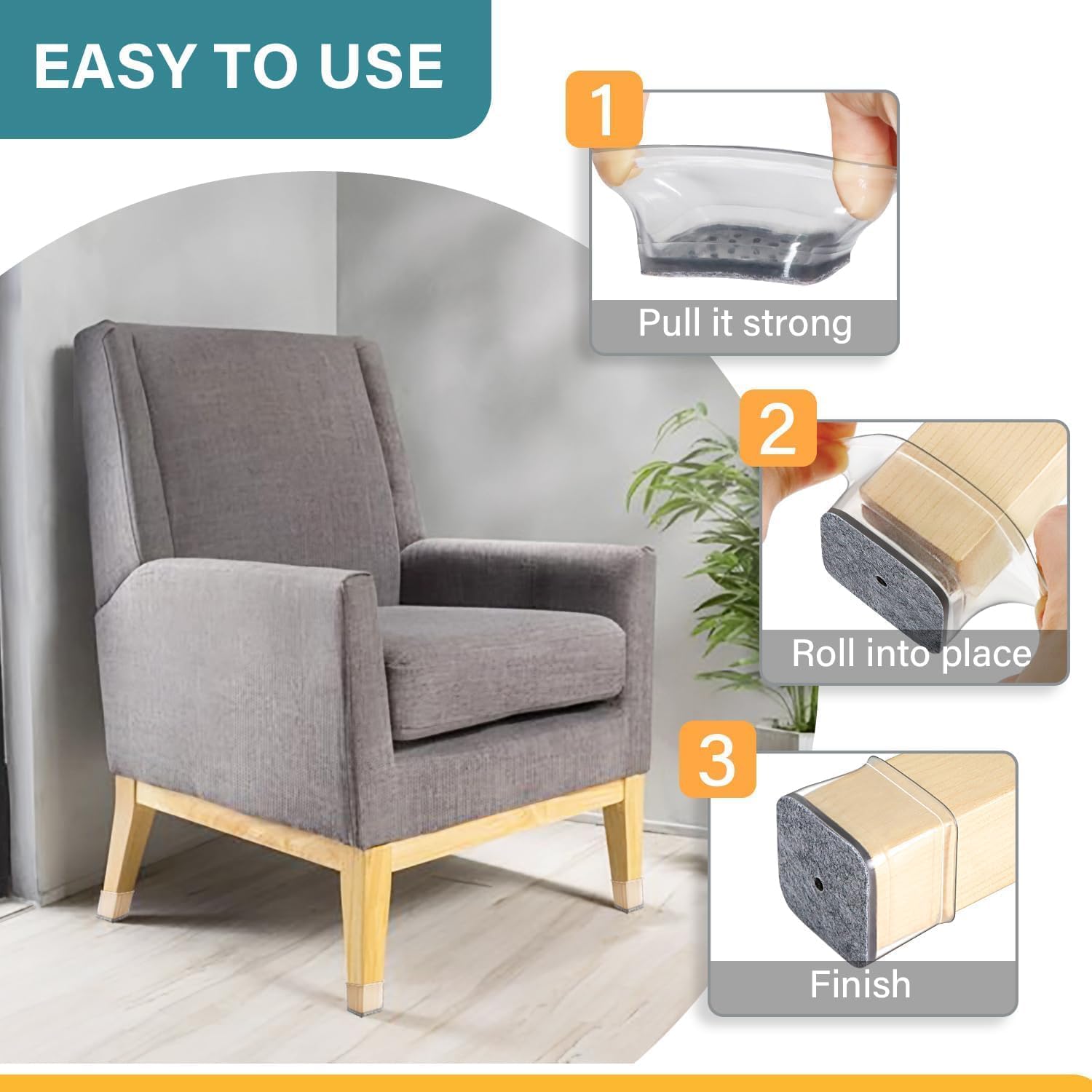 Ansible 24 Pcs Chair Leg Floor Protectors Square, Silicone Felt Furniture Leg Pads Caps Covers for Hardwood Floors (Fit:1-1/16" to 1-5/8") — image 4