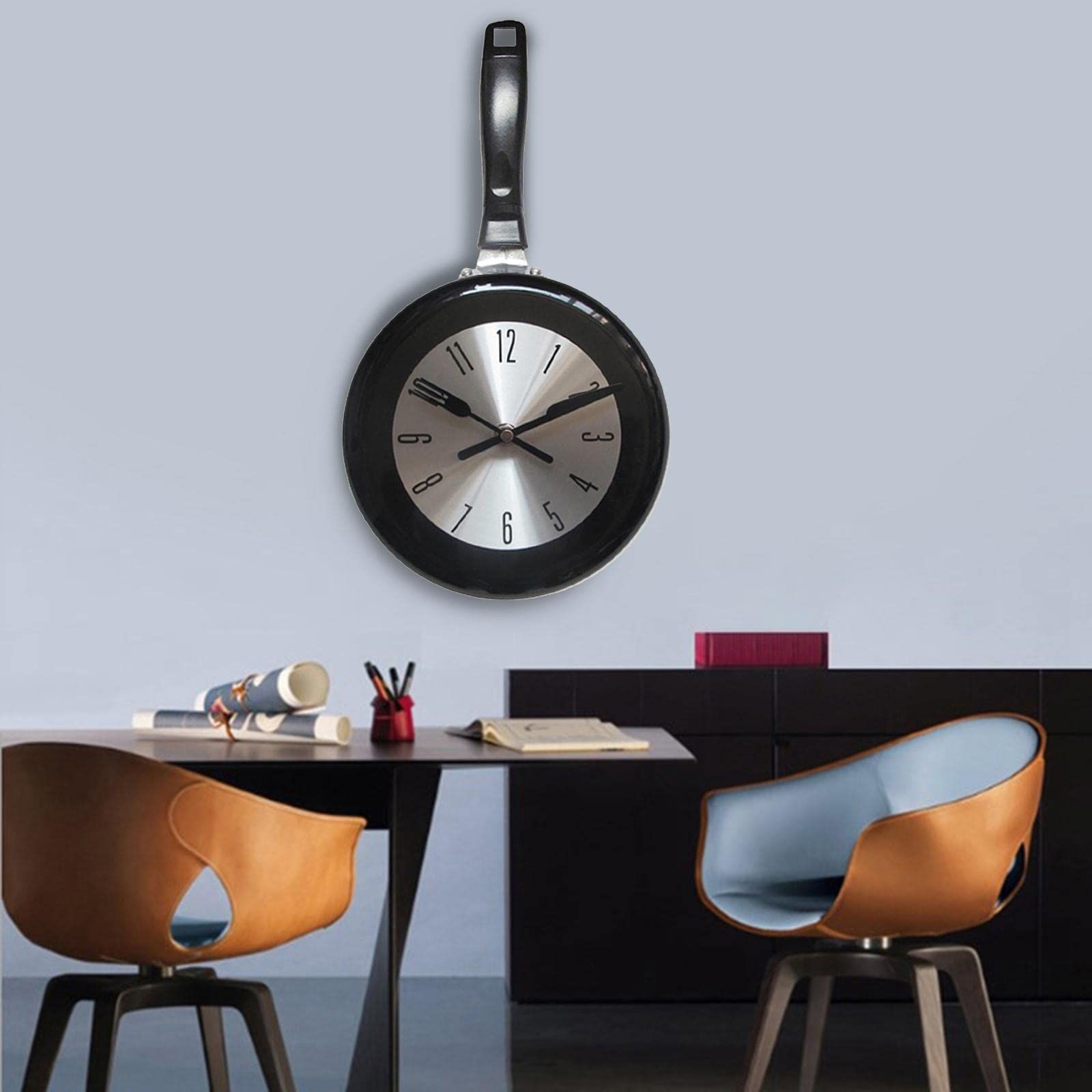 Wall Clock, 8 inch Metal Frying Pan Kitchen Wall Clock Home Decor - Kitchen Themed Unique Wall Clock with (Black) — image 5