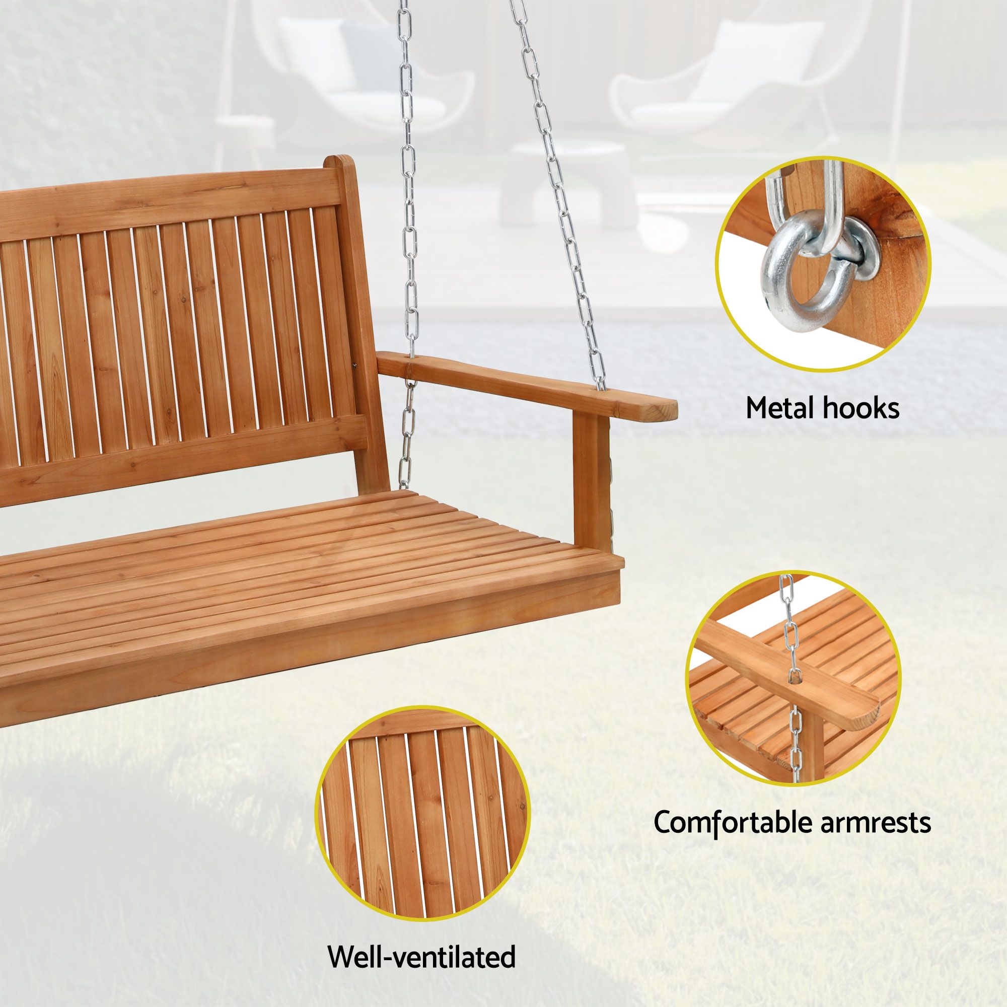 Gardeon Wooden 2-Seater Outdoor Swing Chair with Black Stand Hanging Chair Patio Furniture — image 5