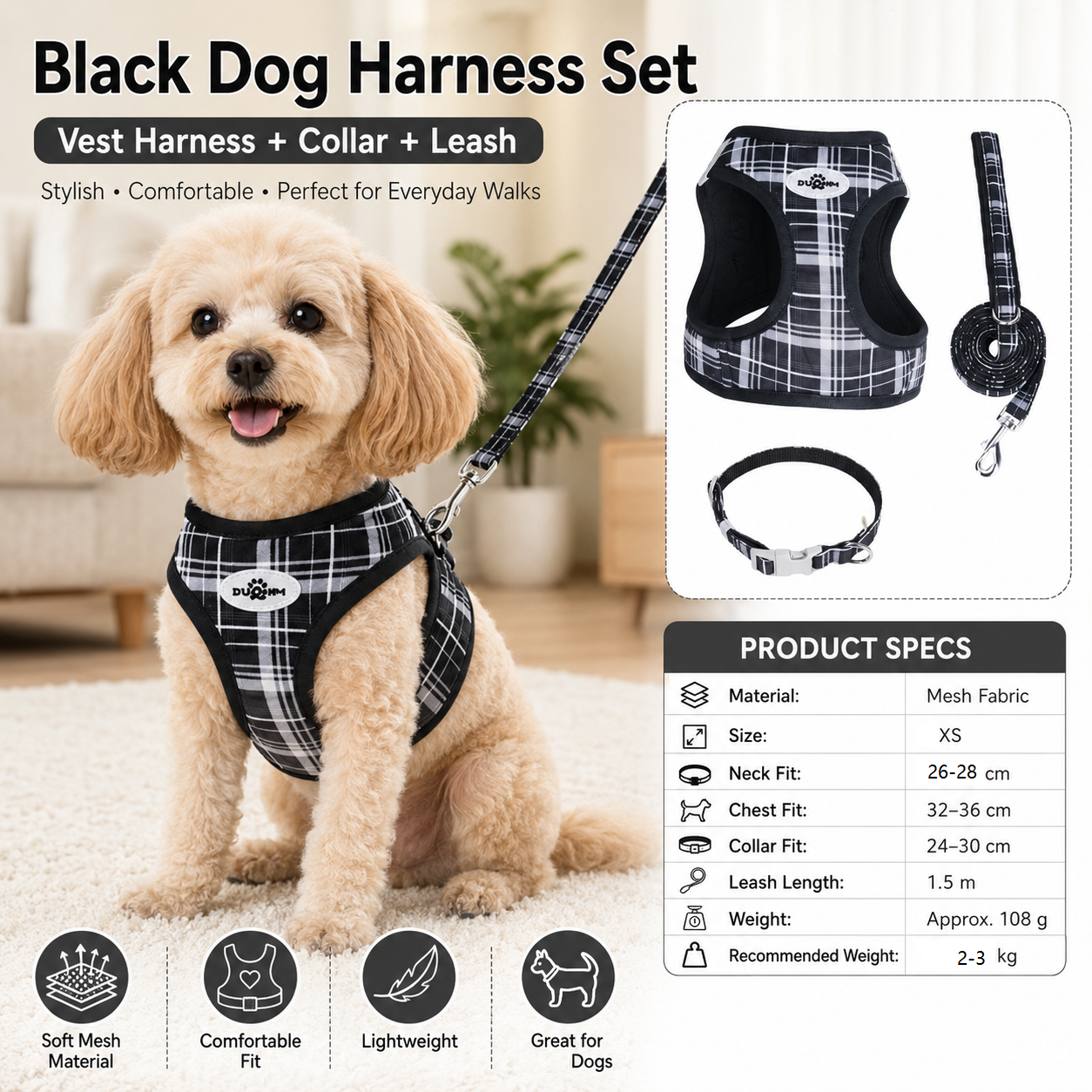 XS Size Black Classic Plaid Dog Harness Set- Breathable Mesh Vest and Adjustable Collar,WIith 1.5m Lead for pet, Anti-Pull Design