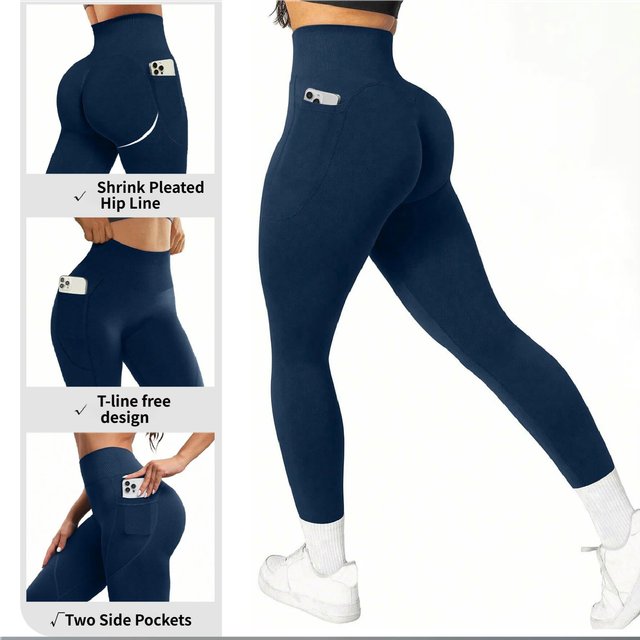 M Size Blue Breathable High-Waist Ruched Butt-Lift Yoga Leggings - Dual Pockets & No Front T - LineNaked-Feel Performance Tights for Gym, Running & Pilates — image 2