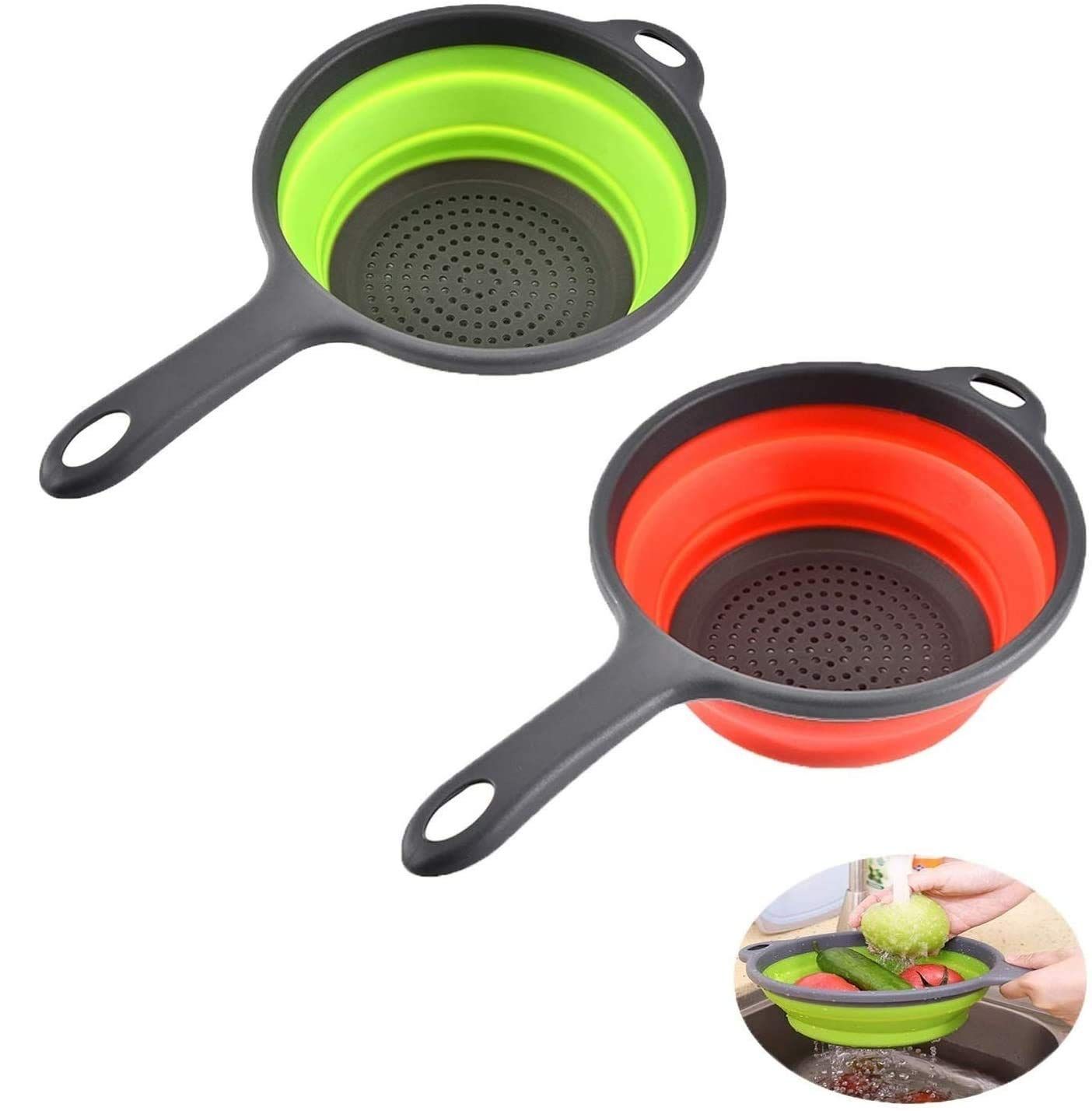 2 Pack Kitchen Foldable Silicone Strainer, Collapsible with Handles, Space-Saver Folding Strainer, (Green and Red)
