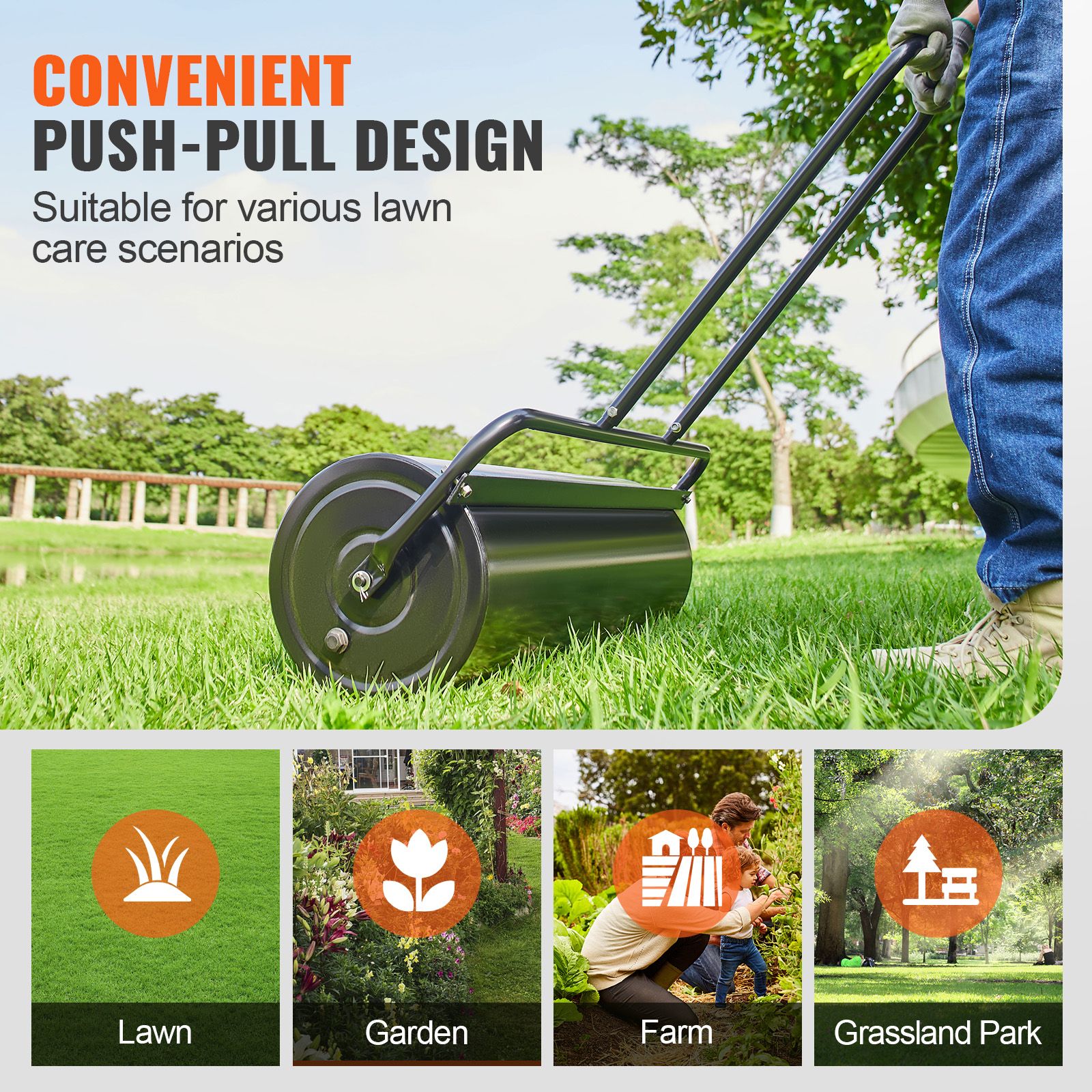 Lawn Roller, 17 Gallon 36 Inch Sand/Water Filled Yard Roller, Steel Sod Roller with Easy-turn Plug and U-Shaped Ergonomic Handle for Convenient Push — image 6