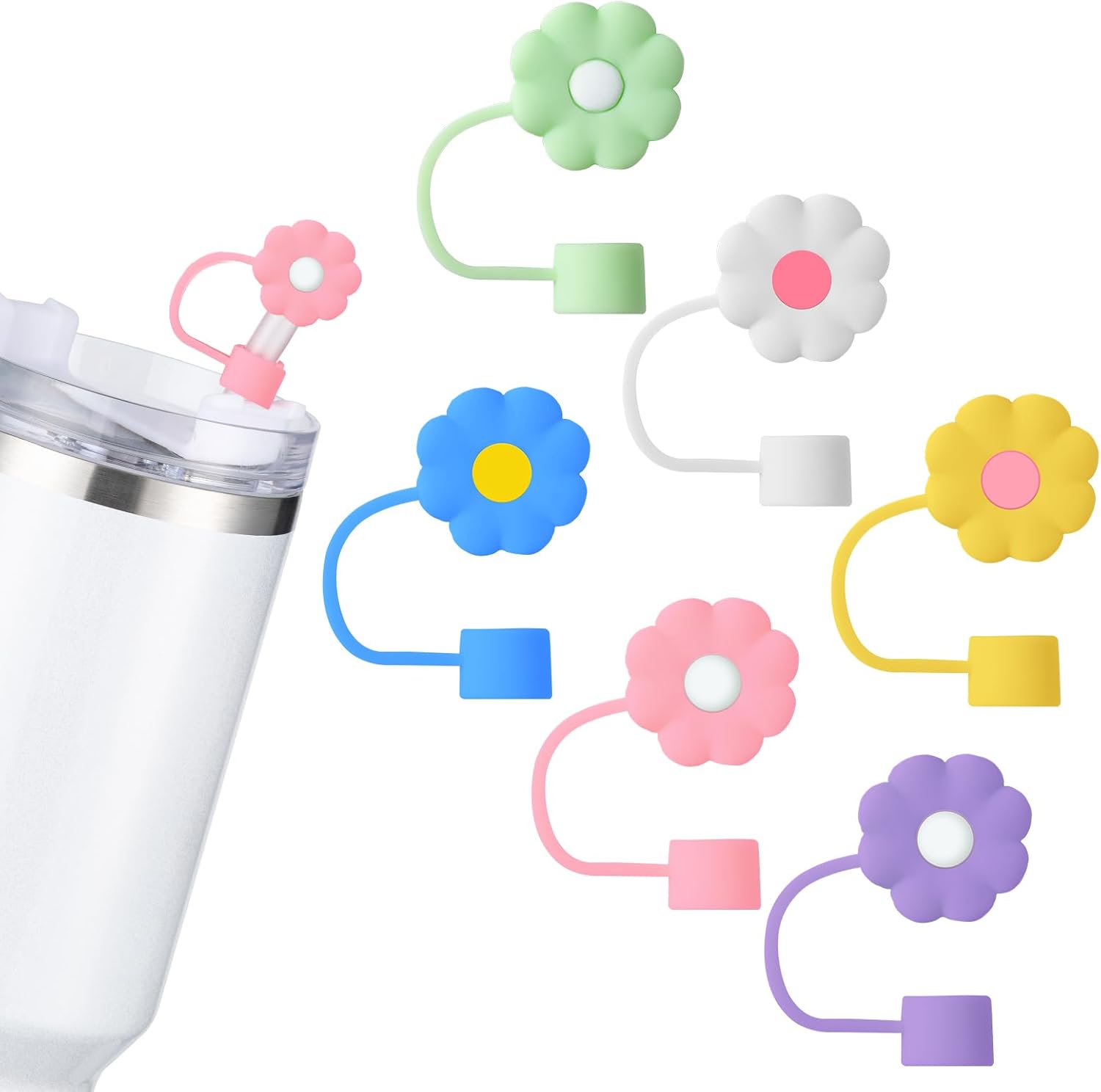 6Pcs Straw Covers Cap Toppers, 0.4in /10mm Straws Cap for 20&30&40oz Tumbler Drinking Cup with Handle, Reusable Cute Silicone Tips Lids Protectors for Water