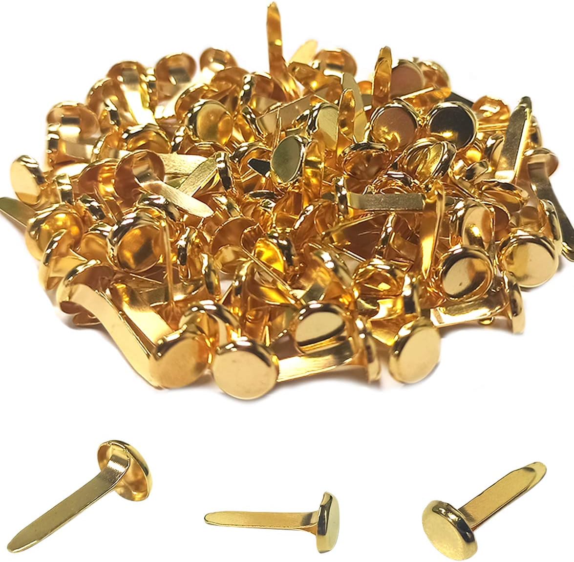 100 Pcs Brass Paper Fasteners, 8 × 17mm Plated Mini Brads for Scrapbooking Crafts DIY Projects (Gold)