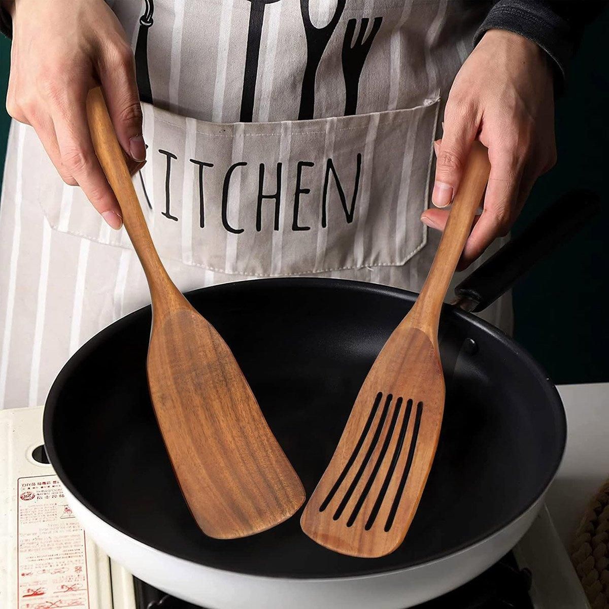 2pcs Wooden Frying Spatula Long Handle Stir Fry Spatula Kitchen Cooking Utensils — image 5