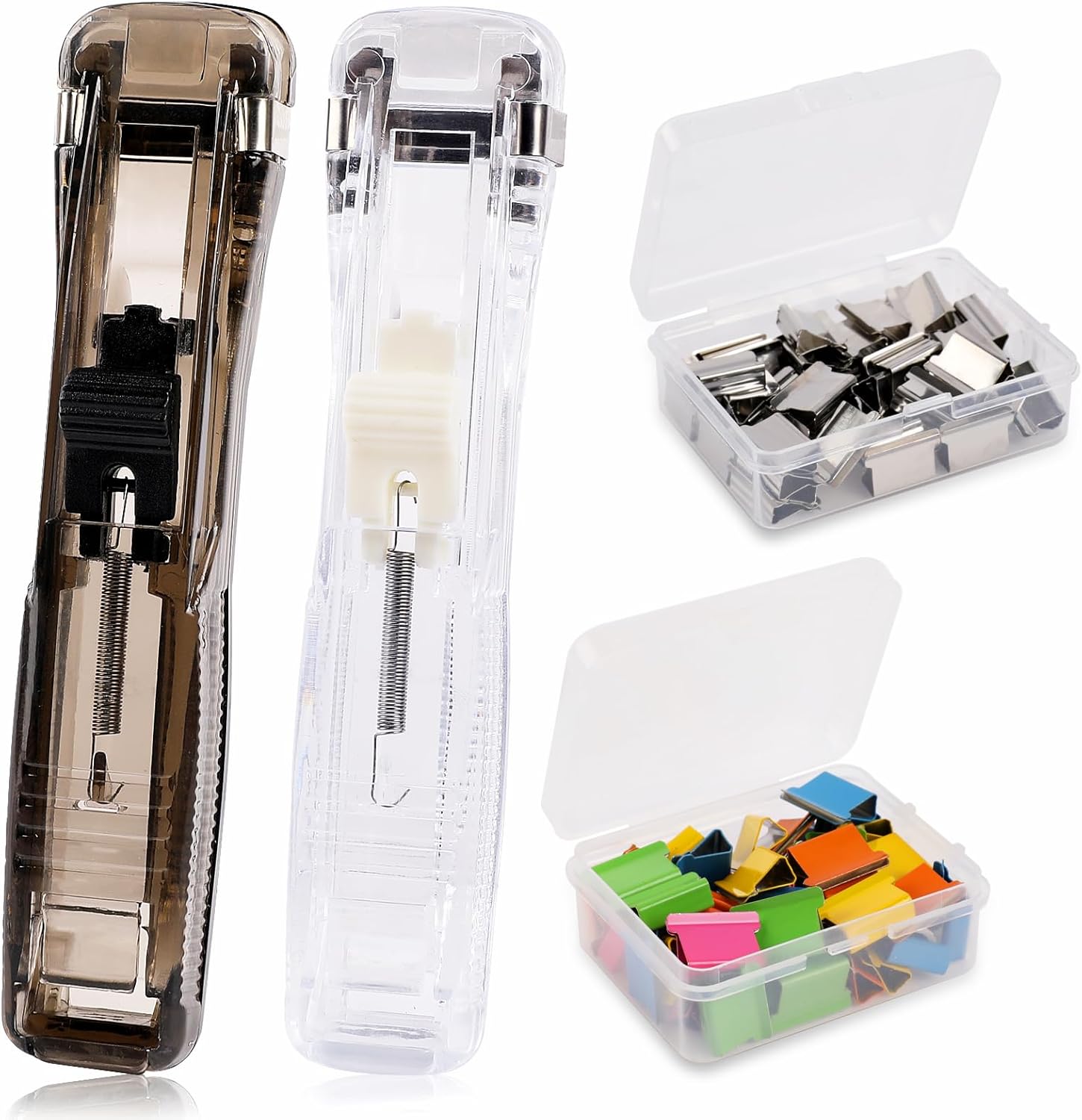 2 Pcs Portable Handheld Paper Clam Clip Dispenser with 100 Pcs Paper Clam Clip Refills Mini Push Stapler Paper Cip Dispenser Paper Clamps for Fixing Paper