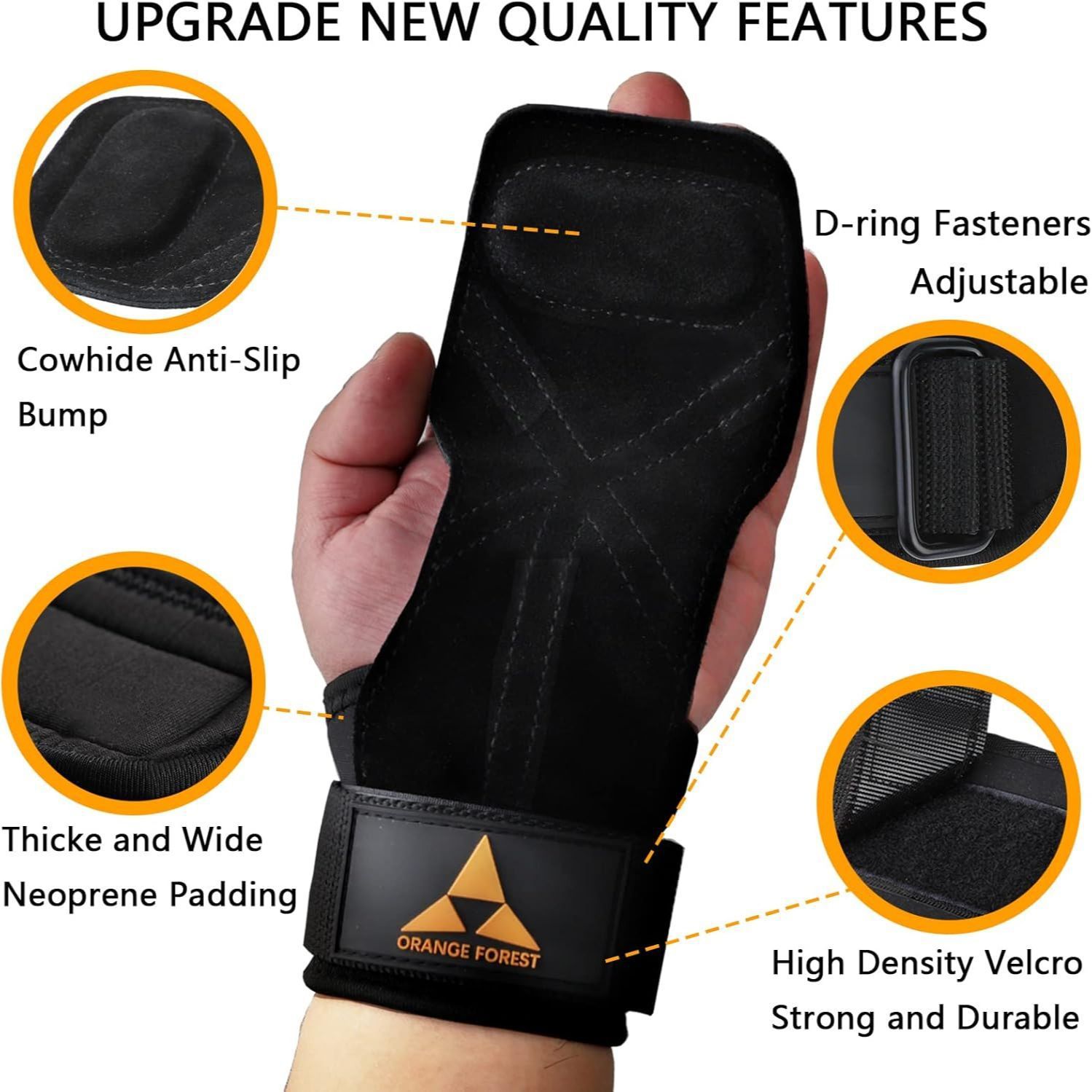 Heavy Duty Weightlifting Grips - Anti-Slip Cowhide Palm Protectors with Neoprene Wrist Support & Adjustable Straps(Brown) โ image 2