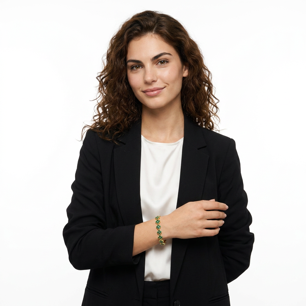 Gold and Green Four-Leaf Clover Zircon Bracelet - Gold-Tone Alloy Lucky Charm Wristband with Full Crystal Pave, 22cm Elegant Fashion Jewellery for Women — image 5