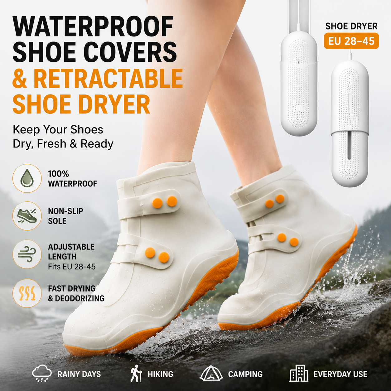 Thickened Waterproof Silicone Rain Shoe Covers and USB Powered Telescopic 3-Setting Timer Shoe Dryer Set for Rainy Season Commuting Camping Hiking Use