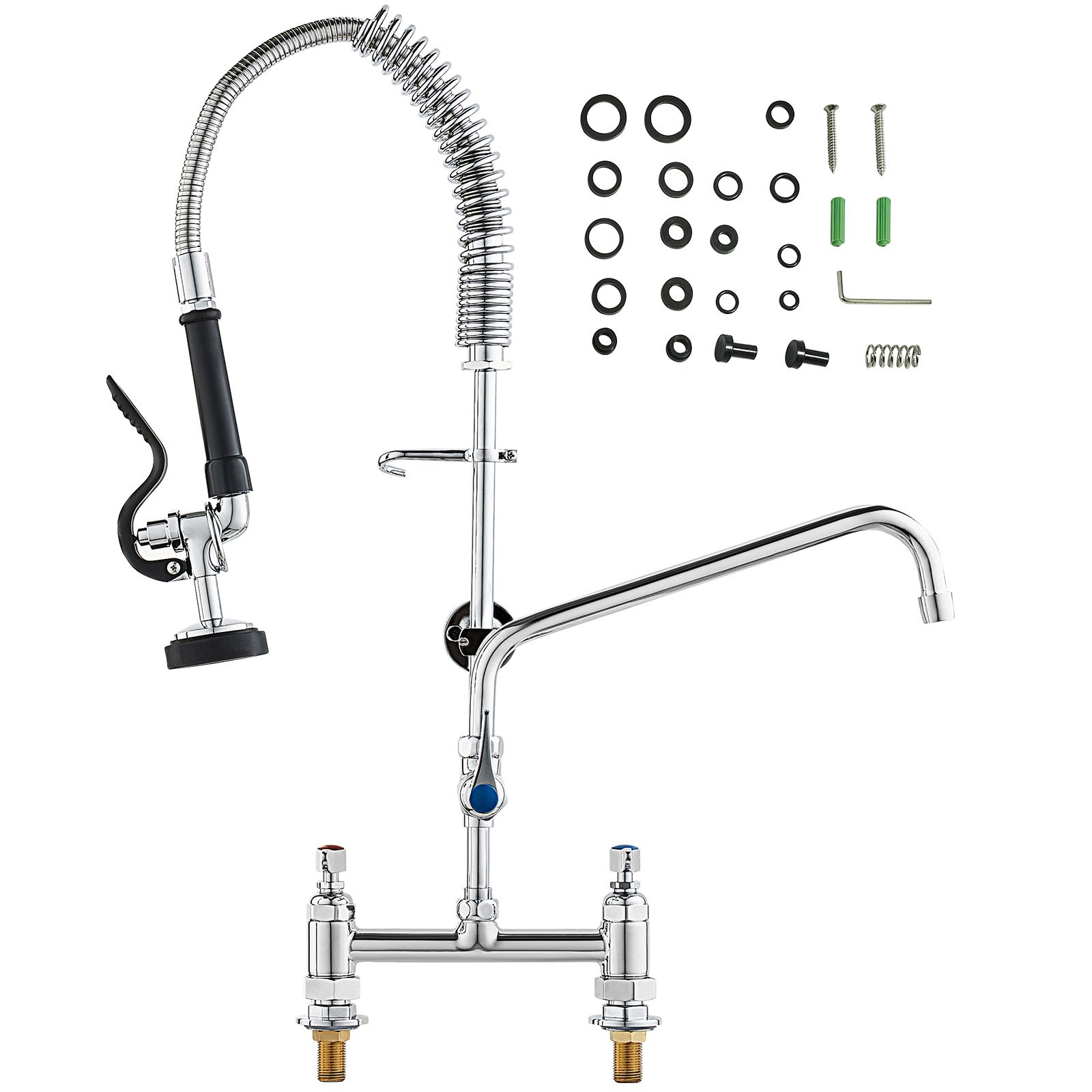 Commercial Faucet with Pre-Rinse Sprayer, 26" Height, 8" Center, 12" Swing Spout, Deck Mount Kitchen Sink Faucet, Brass Constructed Device with Pull Down