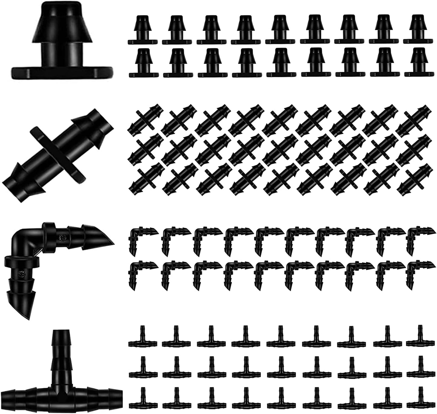 Drip Irrigation Parts 80 Pcs Mix 1/4 Inch Barbed Tee Elbow Straight Couplings End Plugs Fittings Drip Line Connectors for 1/4 Inch Irrigation Tubing Garden