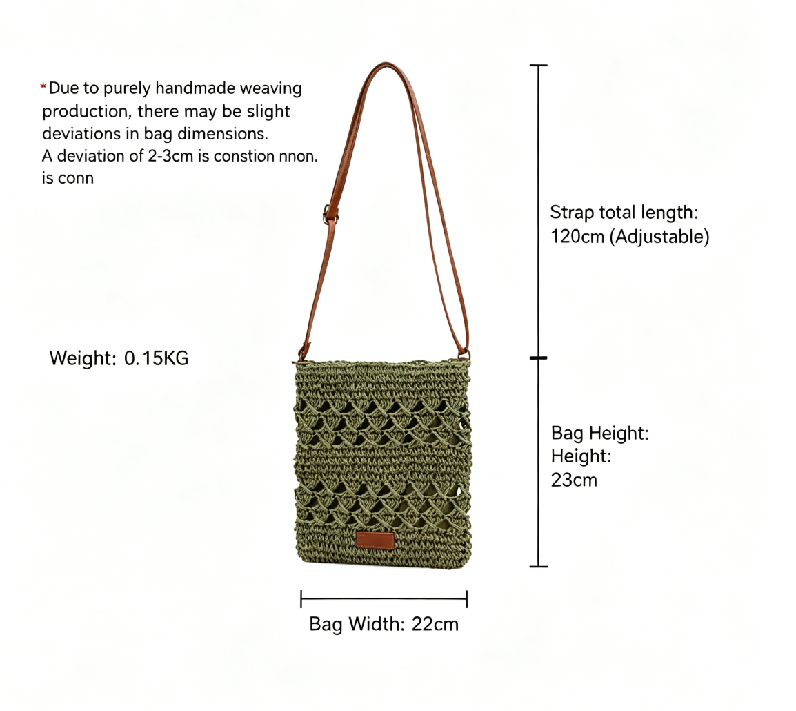 Hollow Woven Summer Beach Bag - Handmade Paper Rope Crossbody Tote for Vacation - Lightweight Crochet Shoulder Bag - Olive — image 2