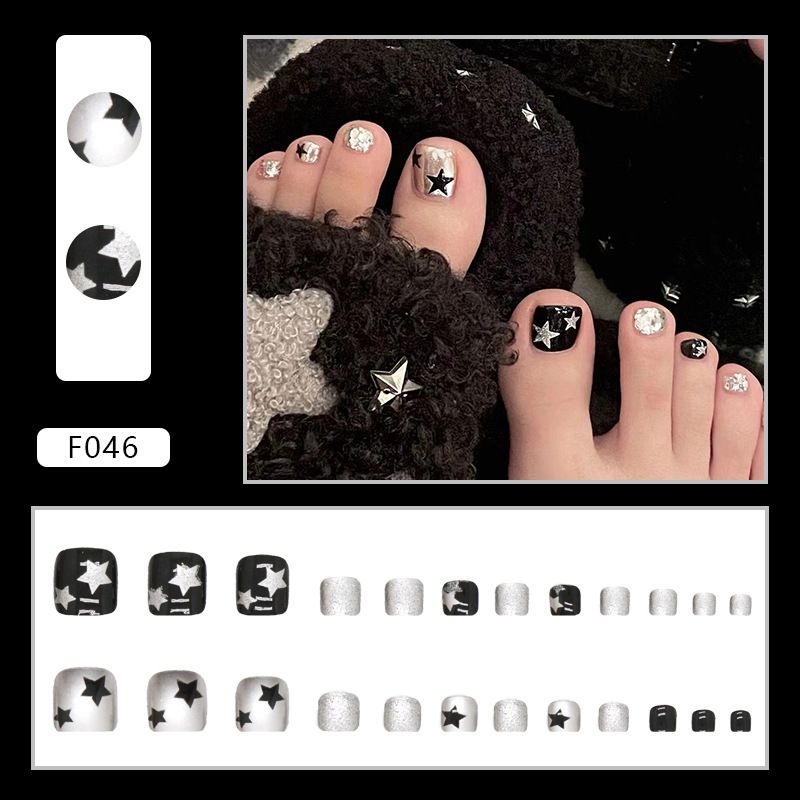 Short Press on Toenails Square False Toenails Black silver Fake Toe Nails Stars Designs Glue on Toenails Full Cover Stick 24Pcs — image 2