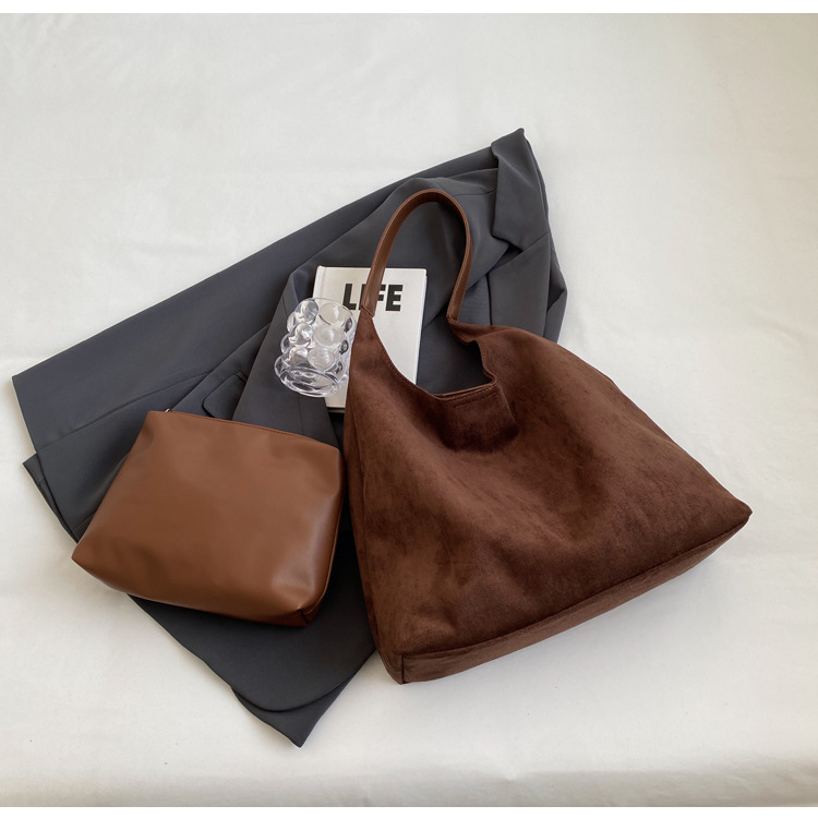 Coffee color Chic Faux Suede Tote Bag with Matching Pouch | Large Capacity Slouchy Shoulder Bag โ image 3