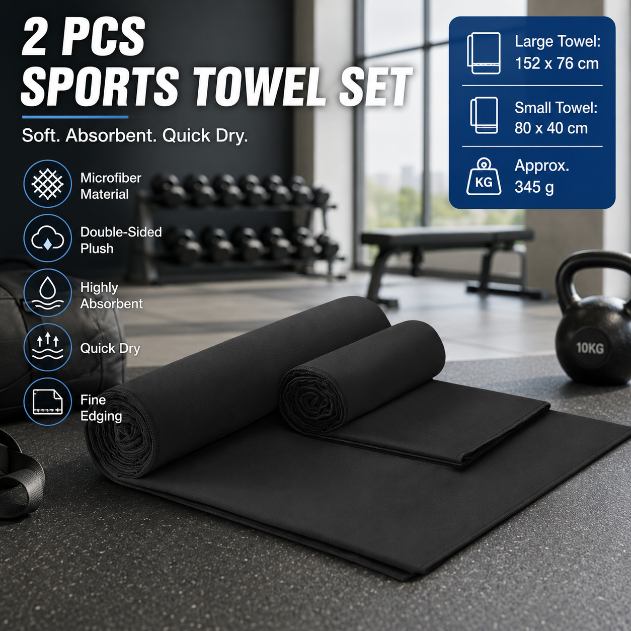 2 Piece Black Microfiber Sports Towel Set - 152*76cm and 80*40cm Quick Dry Gym Towels, Ultra Absorbent Sweat Towel for Fitness Running Swimming, Lightweight