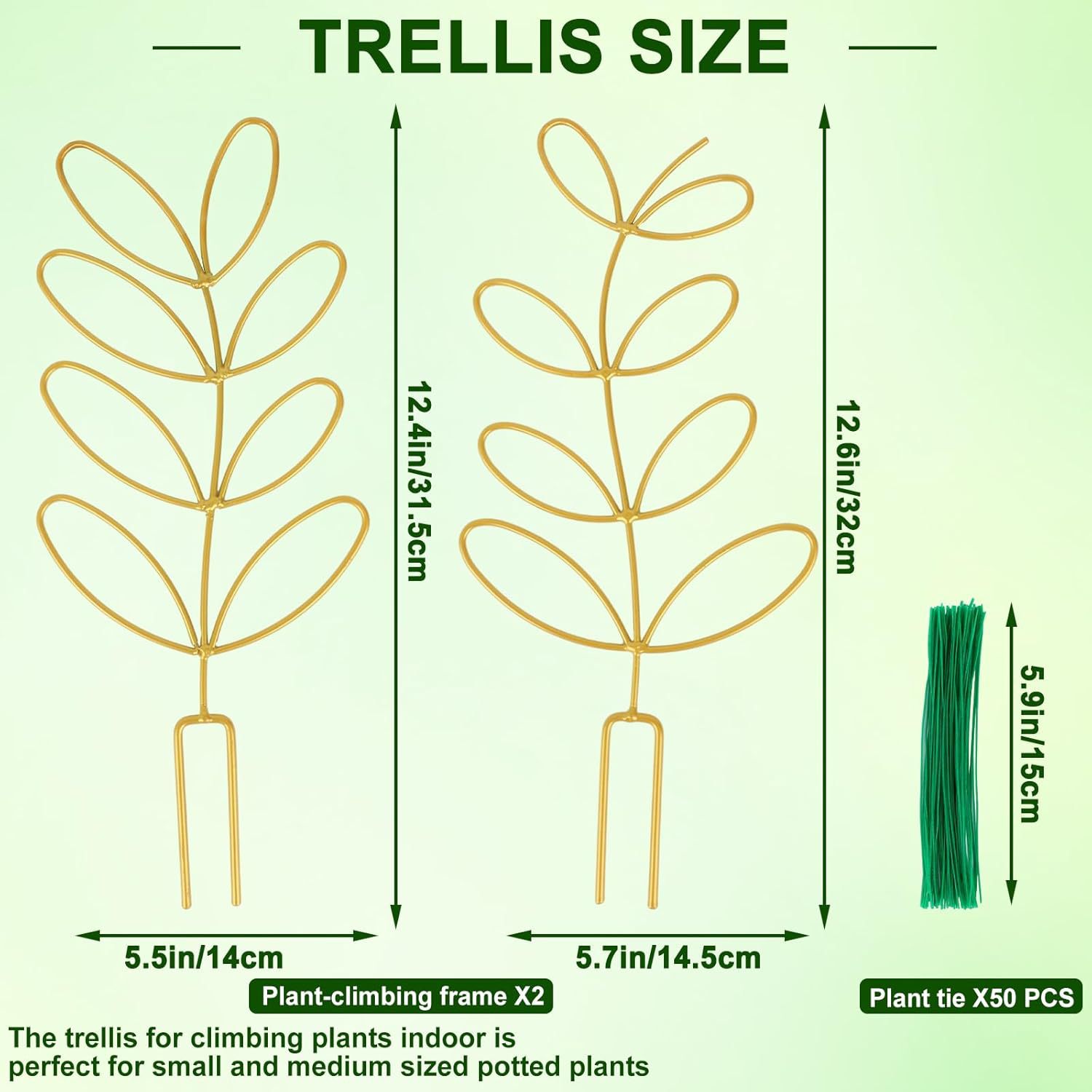 Leaf-Shaped Metal Plant Support Stakes with 20 Tie Straps, Decorative Climbing Trellis for Indoor Houseplants, Gold — image 2