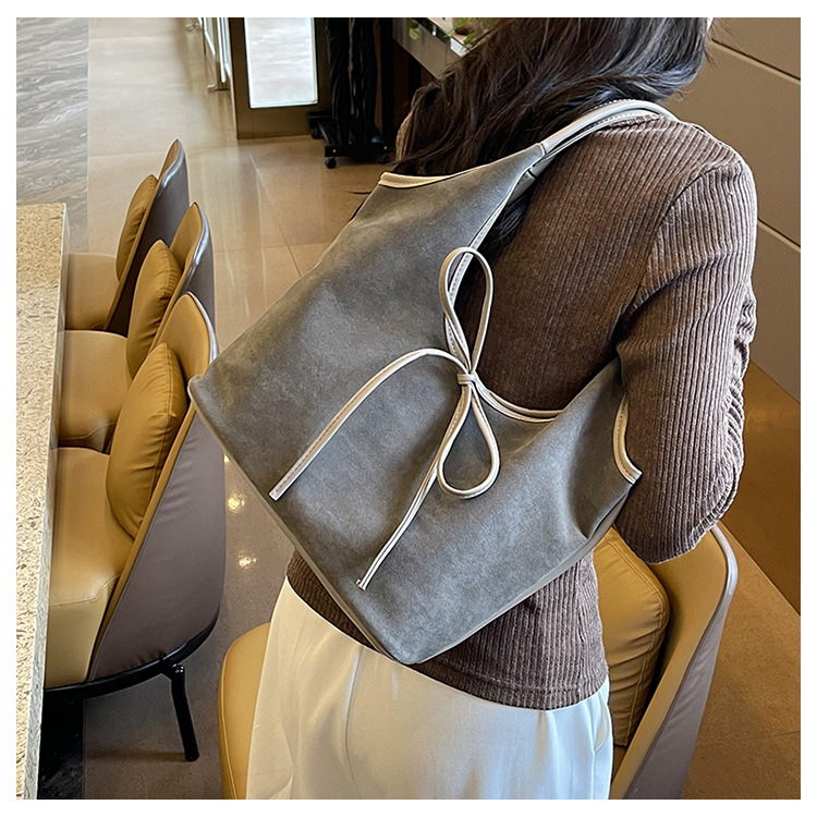 Grey Chic Retro Suede-Finish PU Leather Tote Bag - Large Capacity Shoulder Bag with Tie Accent โ image 5