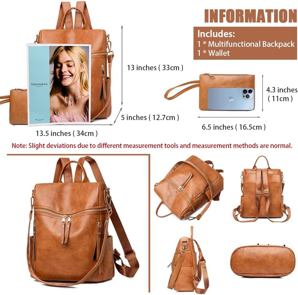 Backpack Purse for Women, Shoulder Handbag Sets with Zipper Strap Satchel for Daily Travel(Brown) Fashionable and backpack